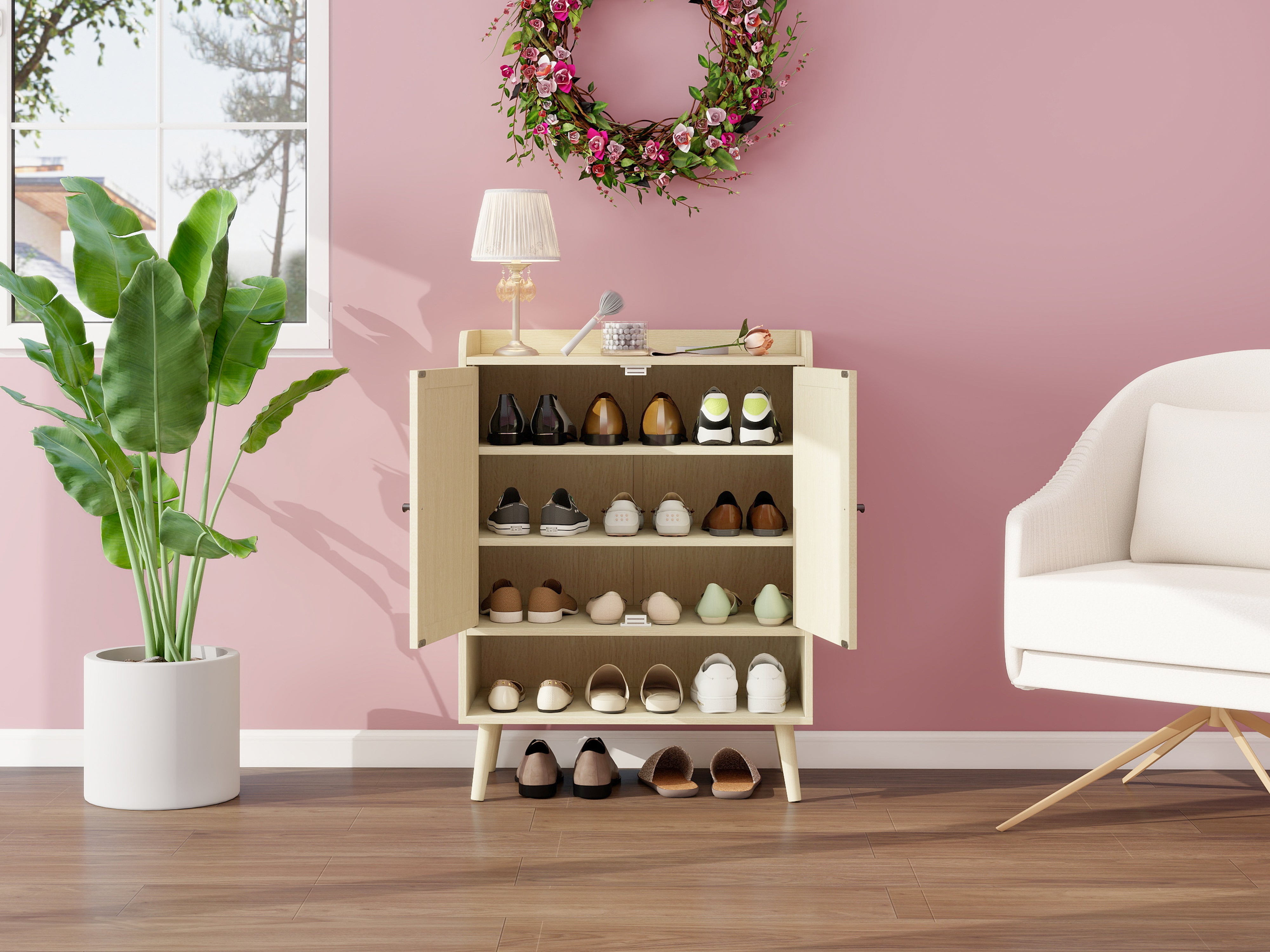 Shoe Cabinet with Double Doors, Storage & Open Shelf, Natural Rattan