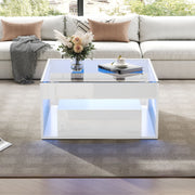 Coffee Table 70x70x35cm High-Gloss LED 2 Drawers Tempered Glass White