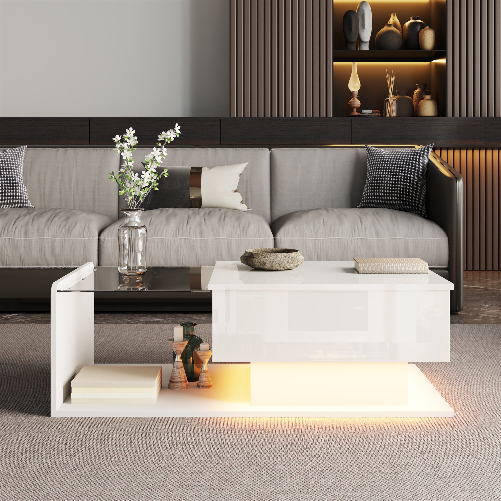Coffee Table, Glass Top LED Effect, High-Gloss White