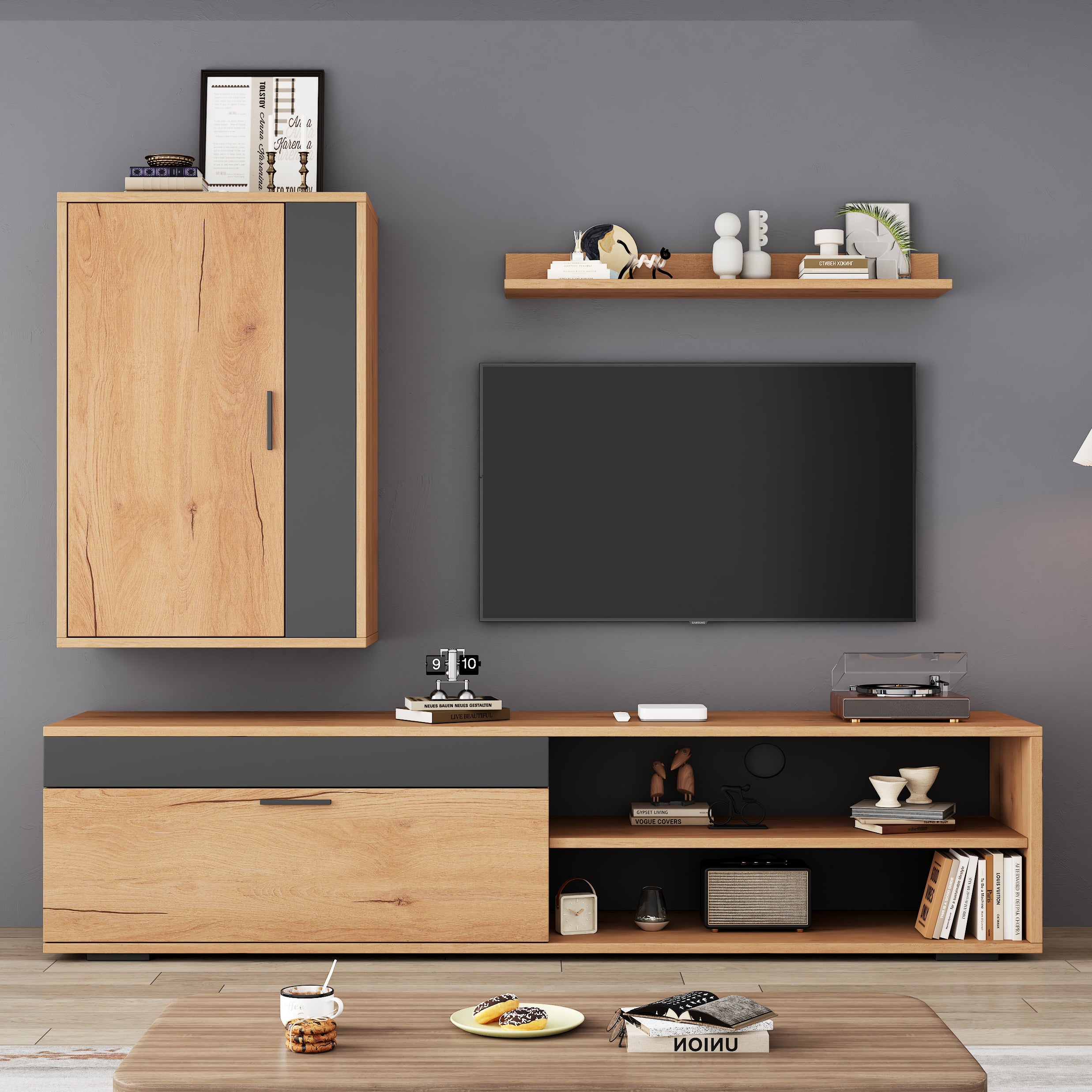 TV Wall Unit Set, 3-Piece Media & Storage, Wood + Black