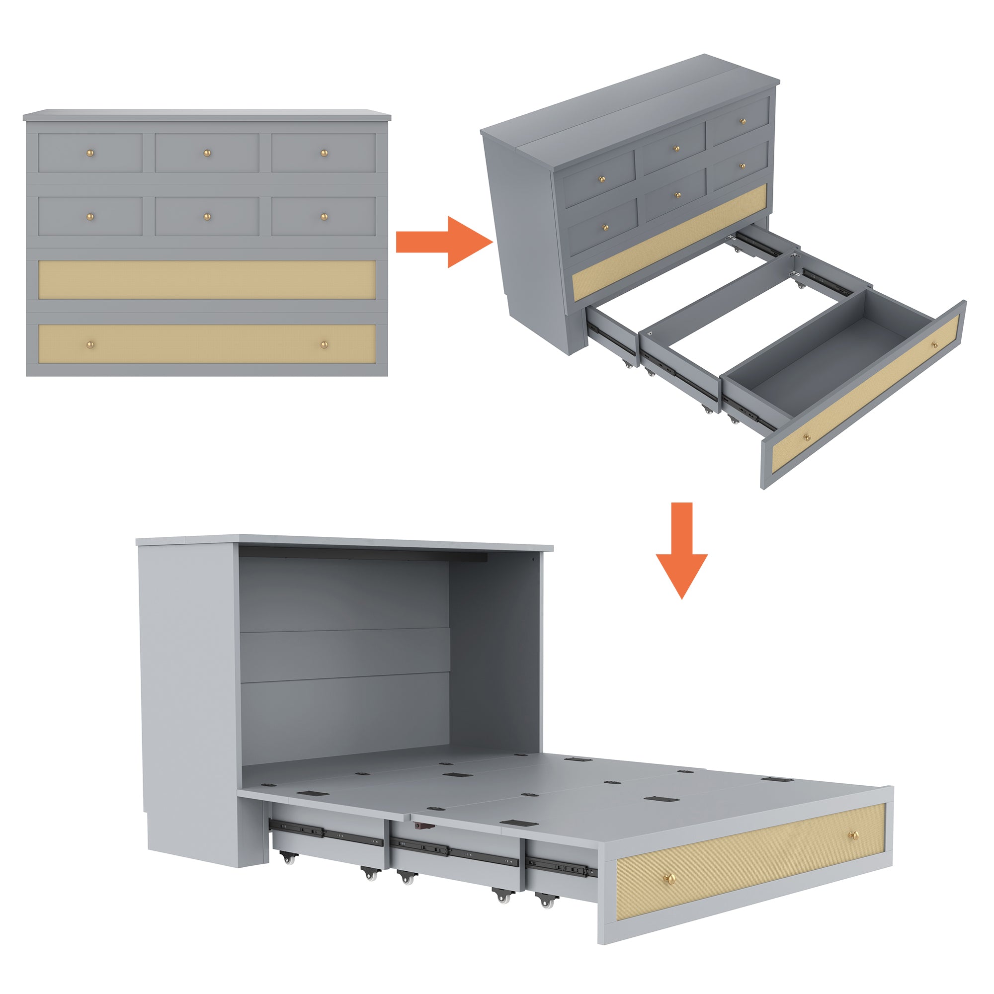 Wall Bed 140x200cm Mobile Convertible Storage Drawers Shelf USB/Power Outlet - Grey
