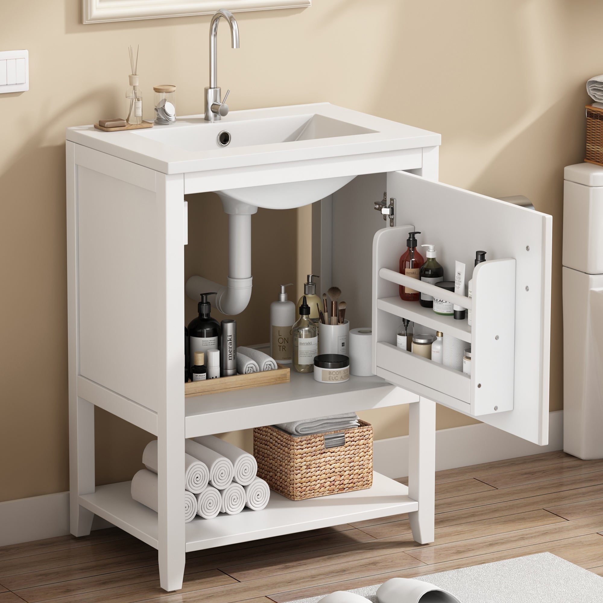 Bathroom Vanity Unit 60cm with Ceramic Washbasin & Shelf, White