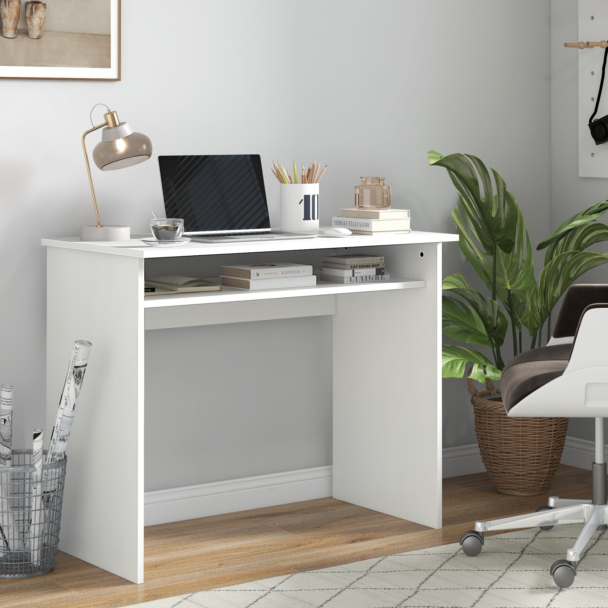 Modern Computer Desk Small Writing Desk Storage Shelf White Wood Grain