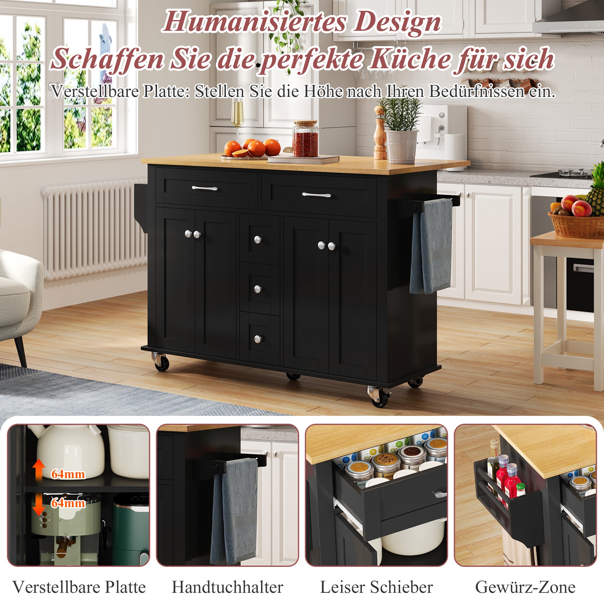 Multifunctional Kitchen Island Mobile Trolley with Extendable Worktop, 5 Drawers & Spice Rack