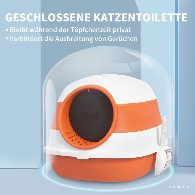 Cat Litter Box, with Lid and Scoop, White/Orange