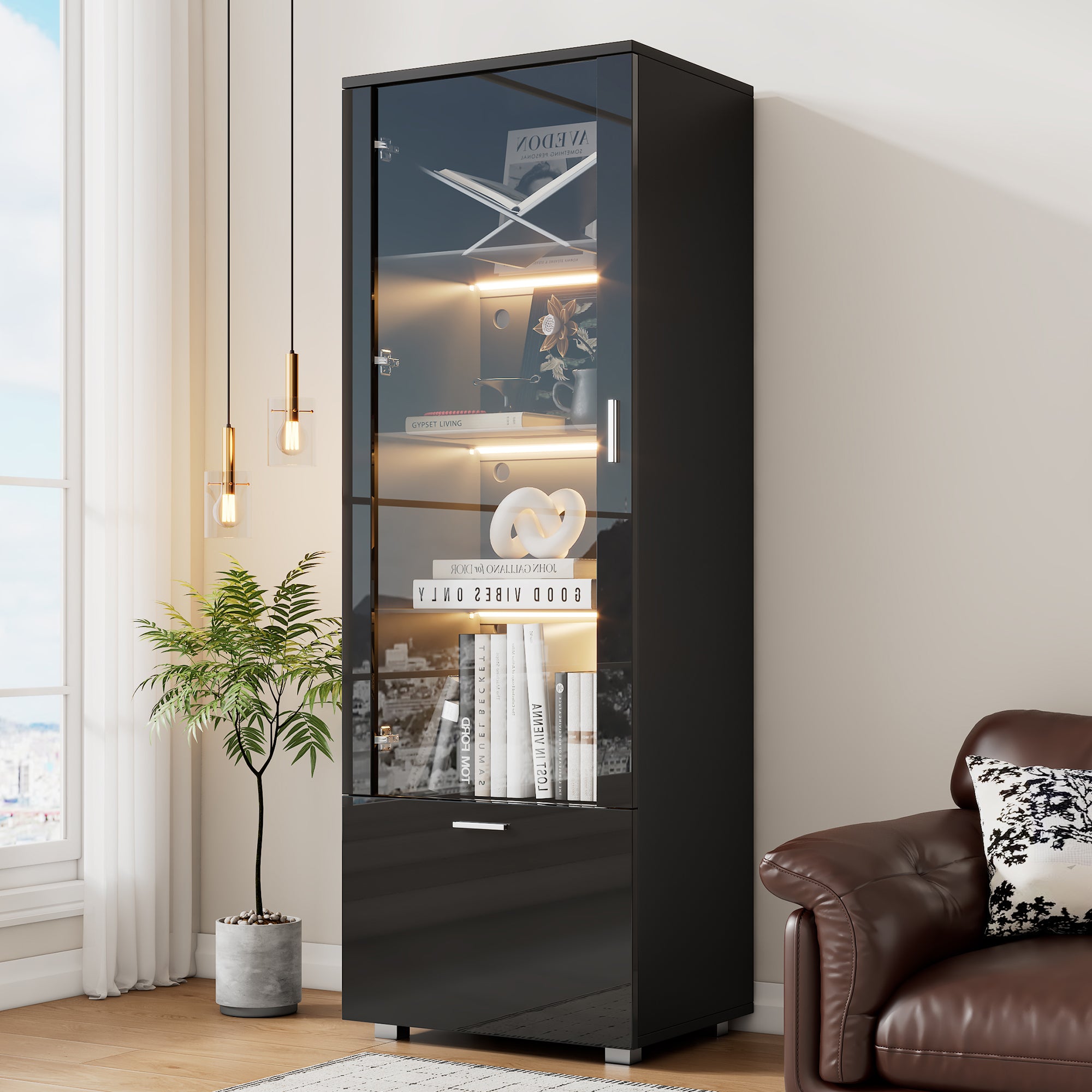 Display Cabinet, LED-Lit Glass with 3 Shelves for Collectibles, Black High-Gloss