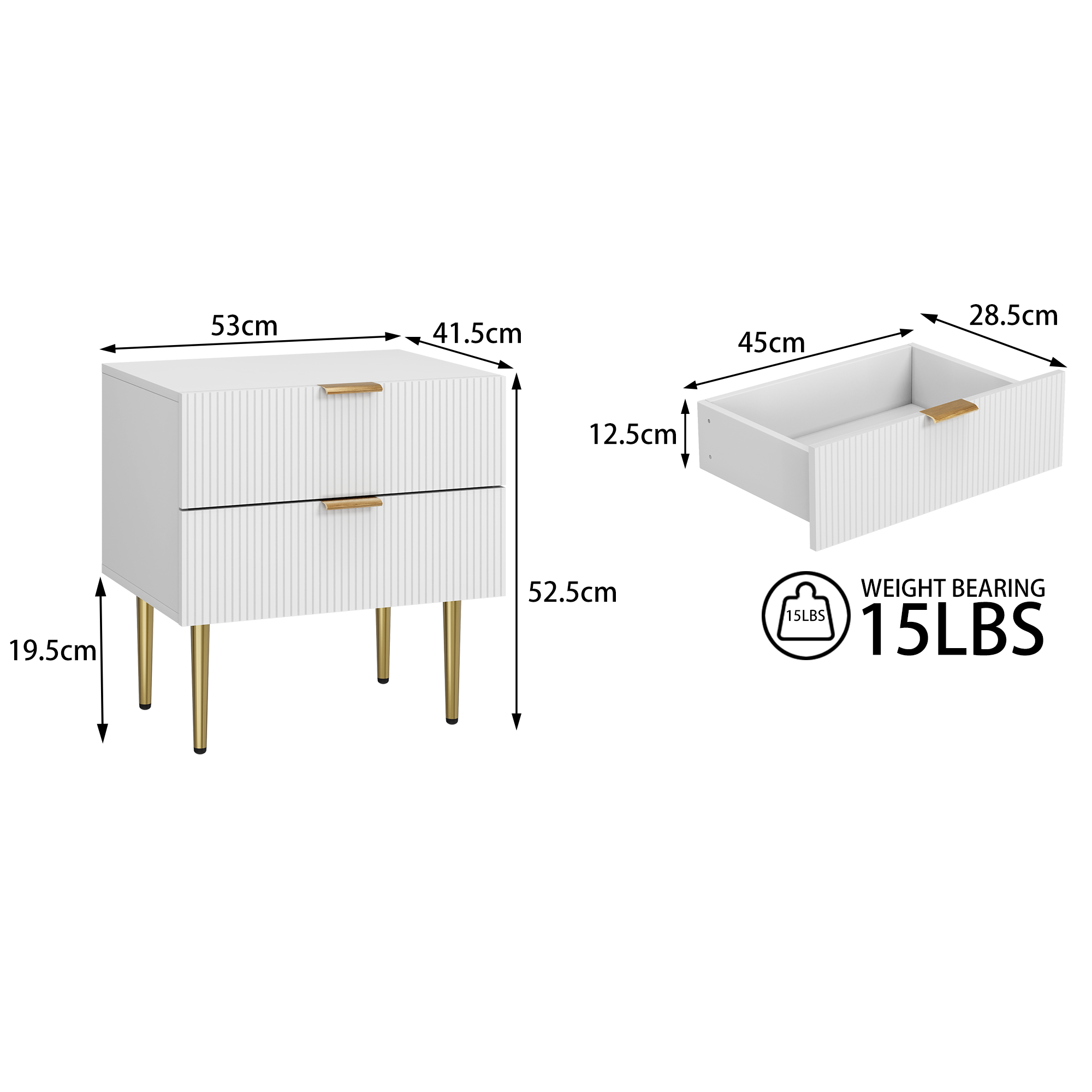 Bedside Table, Wave Pattern 2 Drawers Metal Legs, White