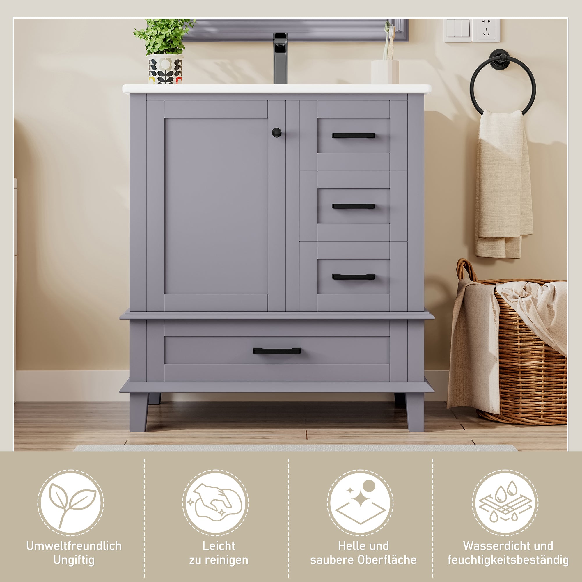 Bathroom Vanity Unit with Ceramic Sink and Silent Storage Drawers, Grey