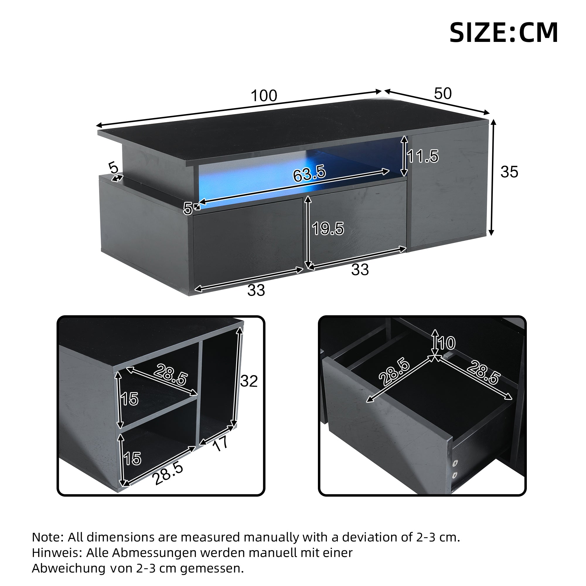 Coffee Table 100x50x35cm LED Lighting 2 Drawers 60kg Black