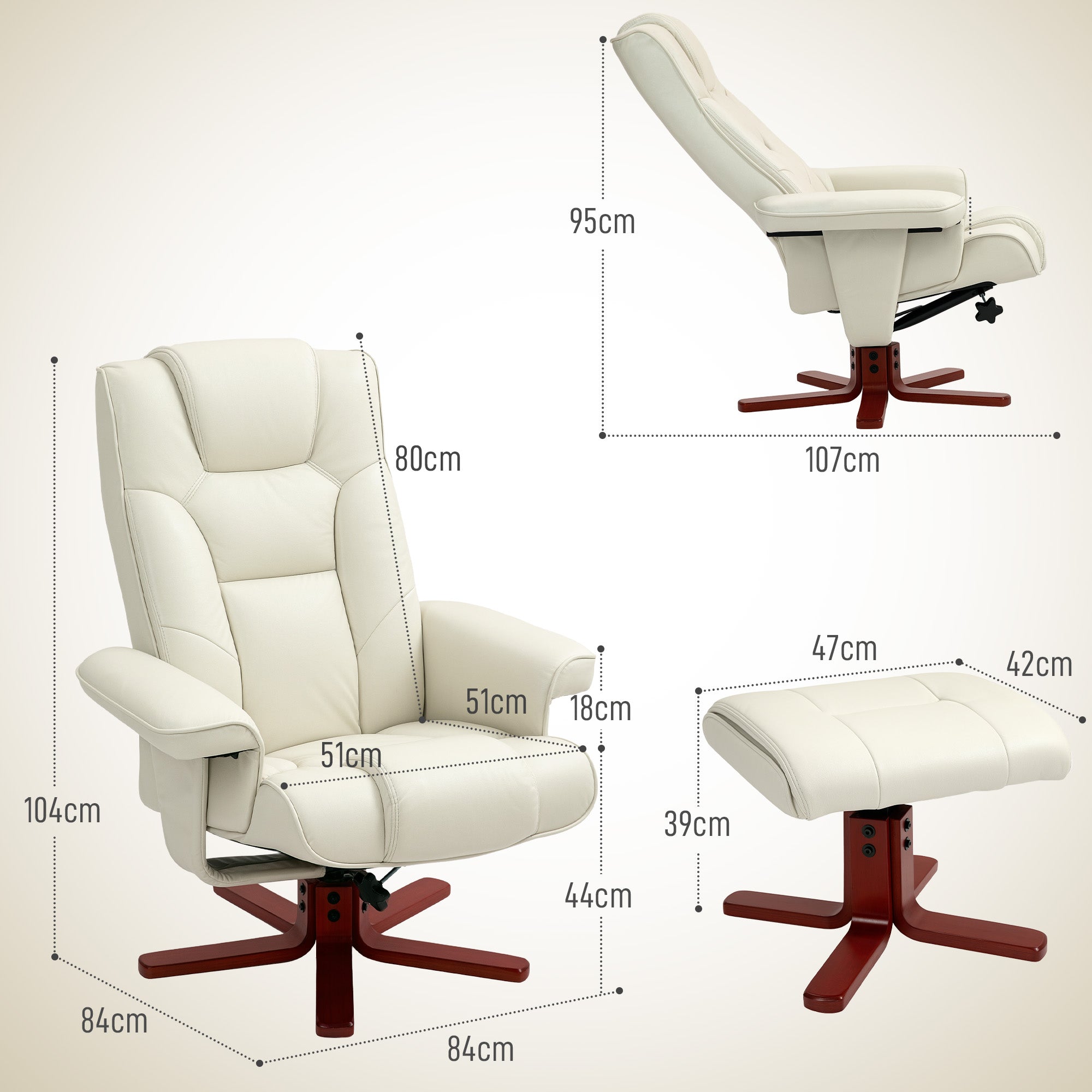 Recliner with Footstool, Upholstered Rocking Adjustable Backrest, Faux Leather Cream White