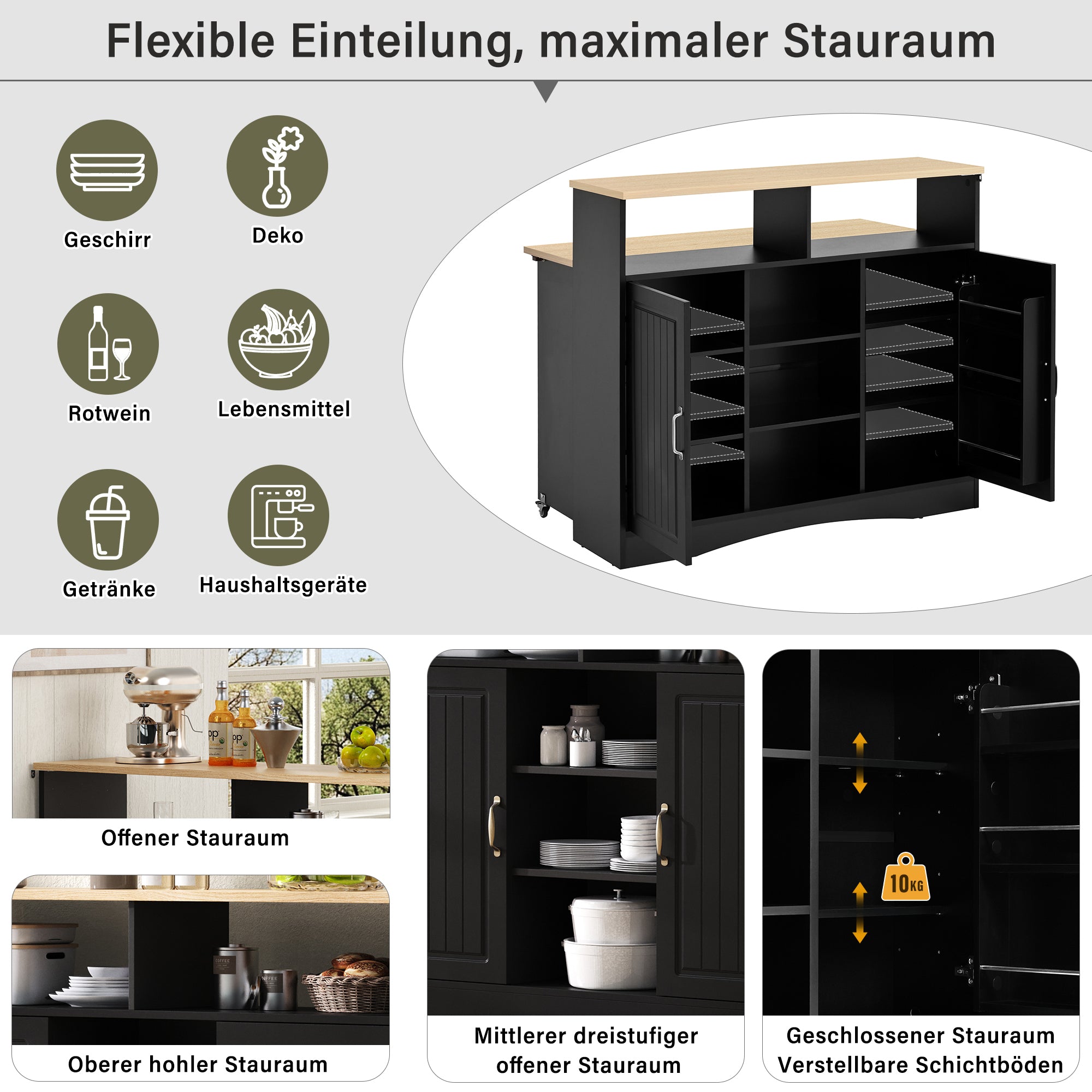 Kitchen Island Sideboard Extendable Dining Area Ample Storage Black