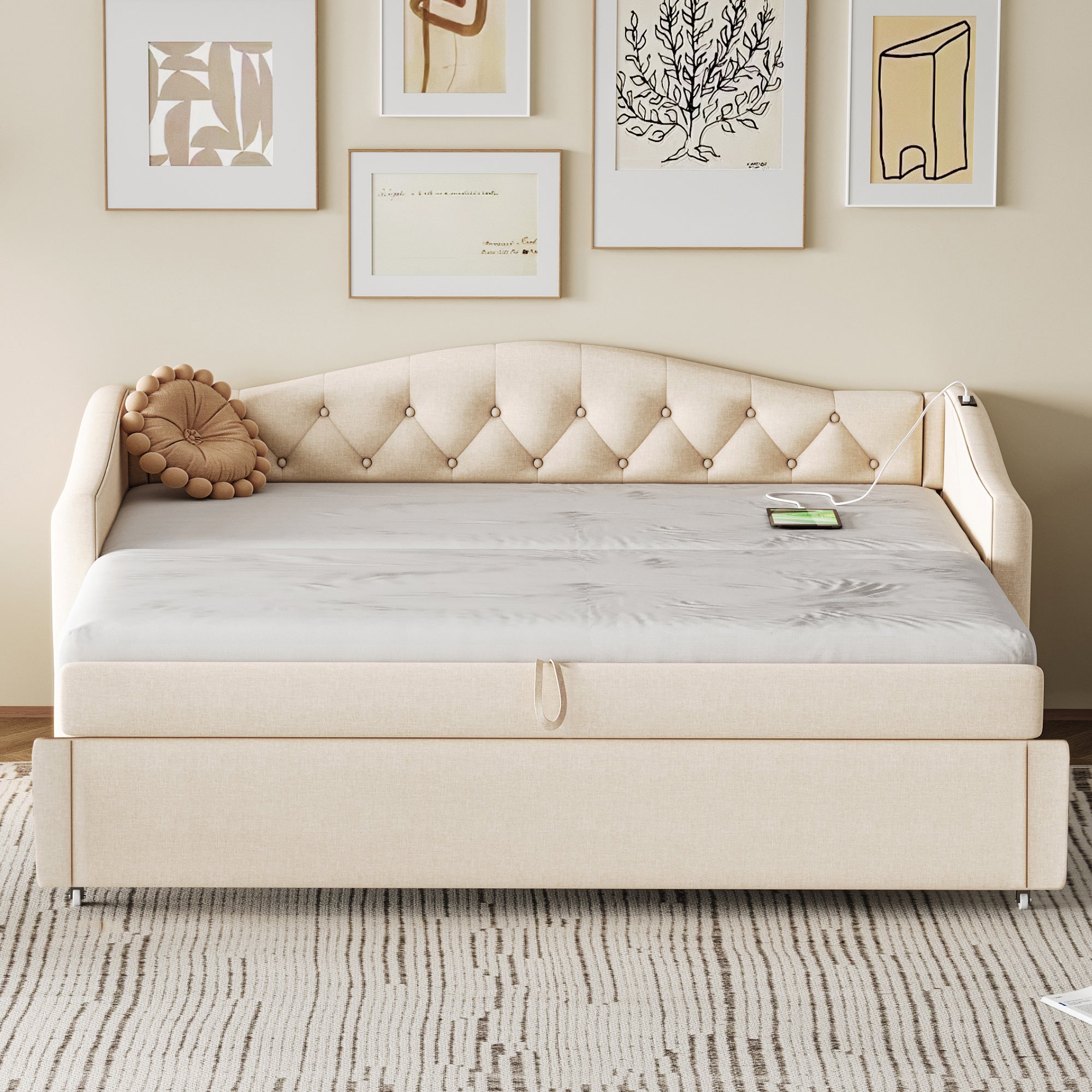 Upholstered Pull-out Sofa Bed with USB Port, Slatted Frame, Multifunctional - Linen Fabric, Beige