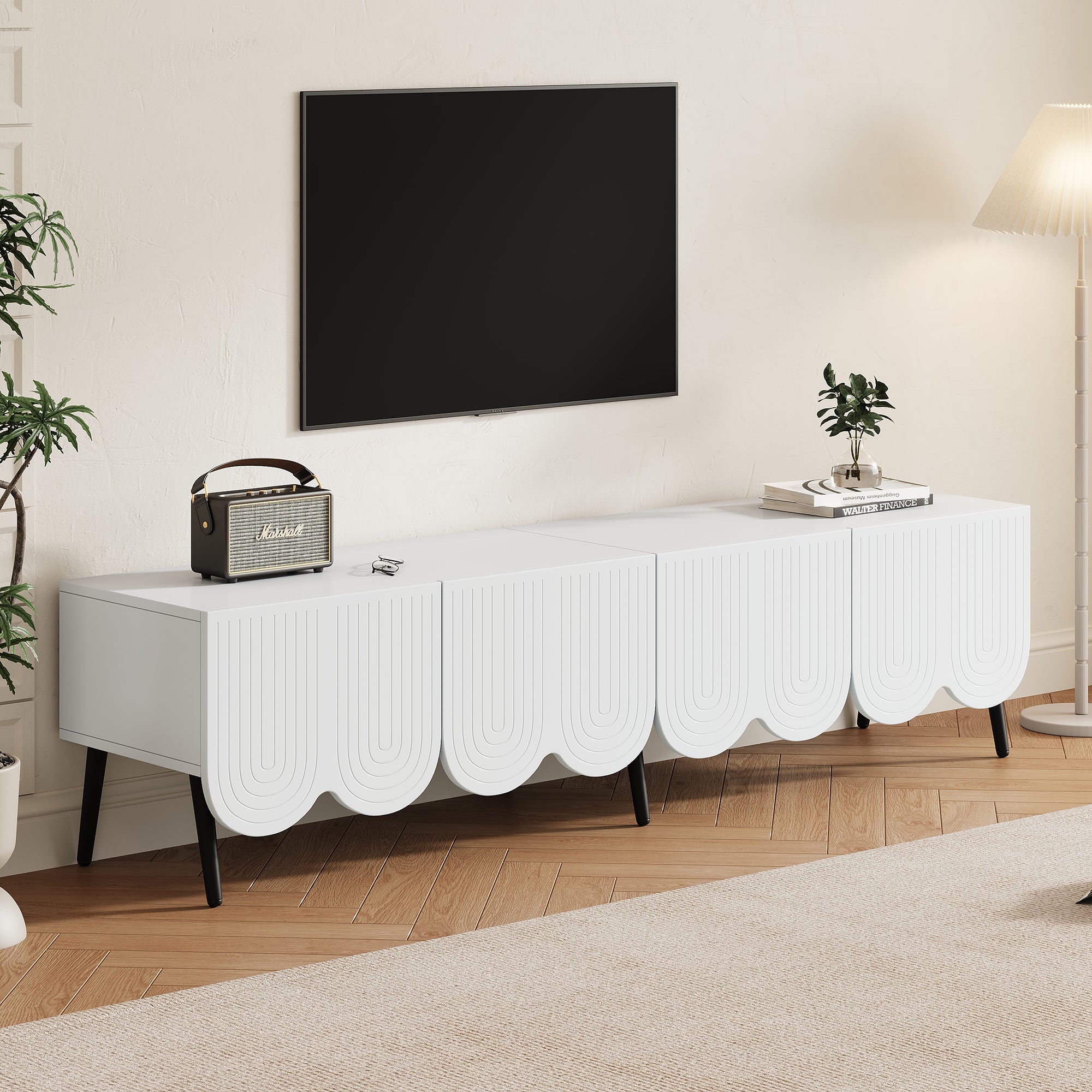 Modern TV cabinet for TVs up to 80 inches with two doors and cable management in white