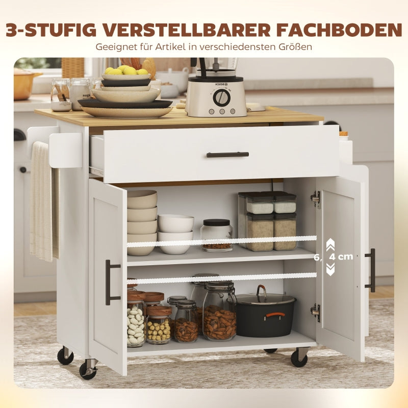 Kitchen Island Mobile Folding Worktop Drawer Shelf - White