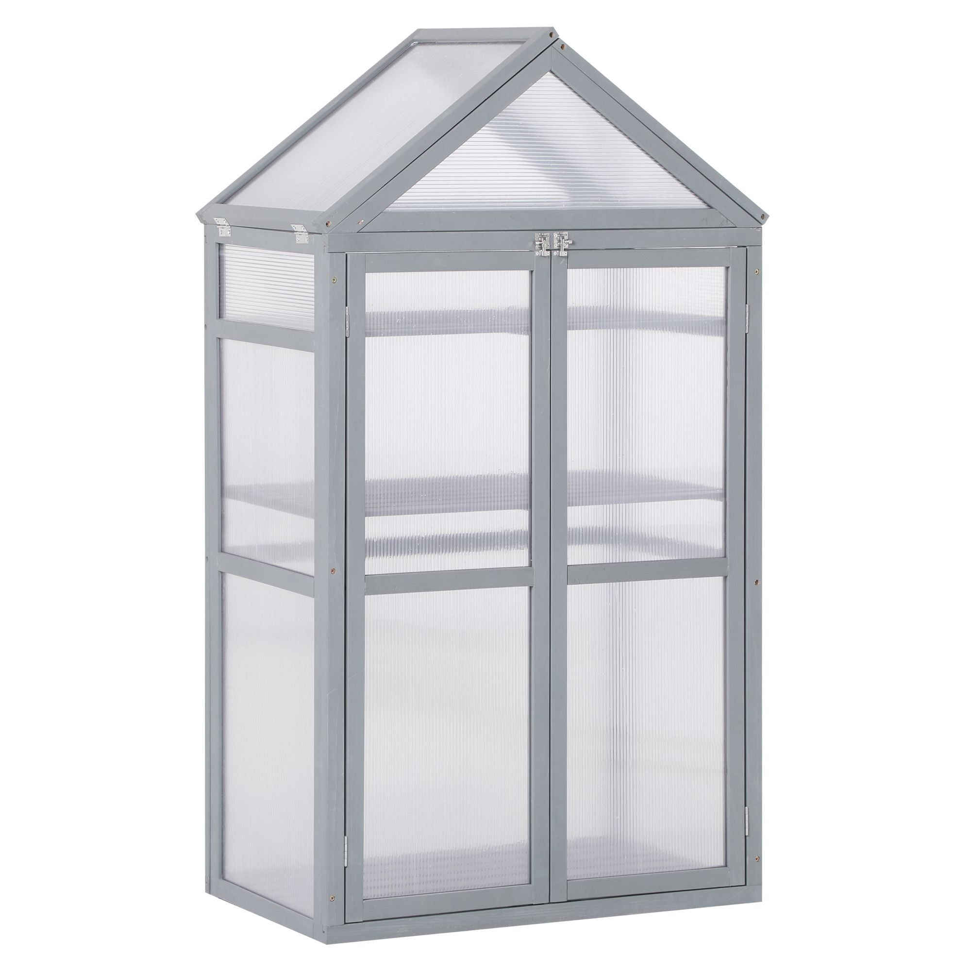 Garden Cold Frame Polycarbonate Greenhouse with Adjustable Shelves, Double Doors, Openable Top, Grey
