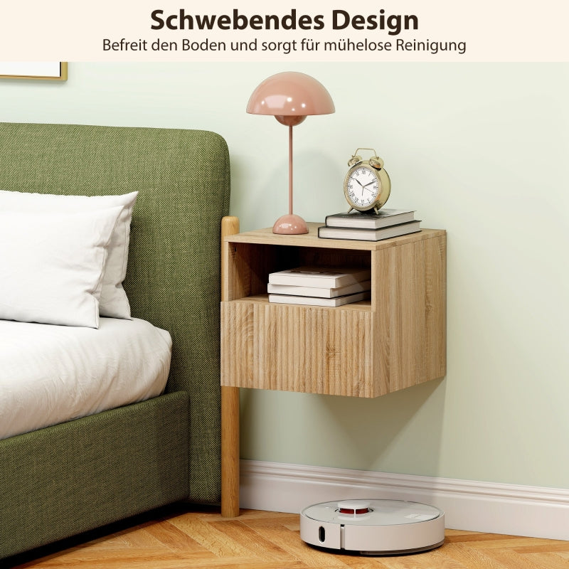 Nightstand, Handleless Wall-Mounted with Drawer & Open Compartment, Light Brown