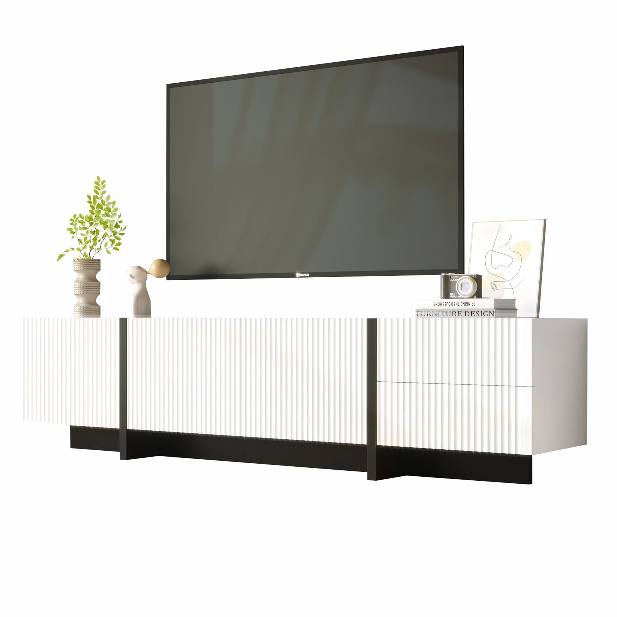 TV Cabinet 190cm 3 Doors 2 Drawers, Black and White