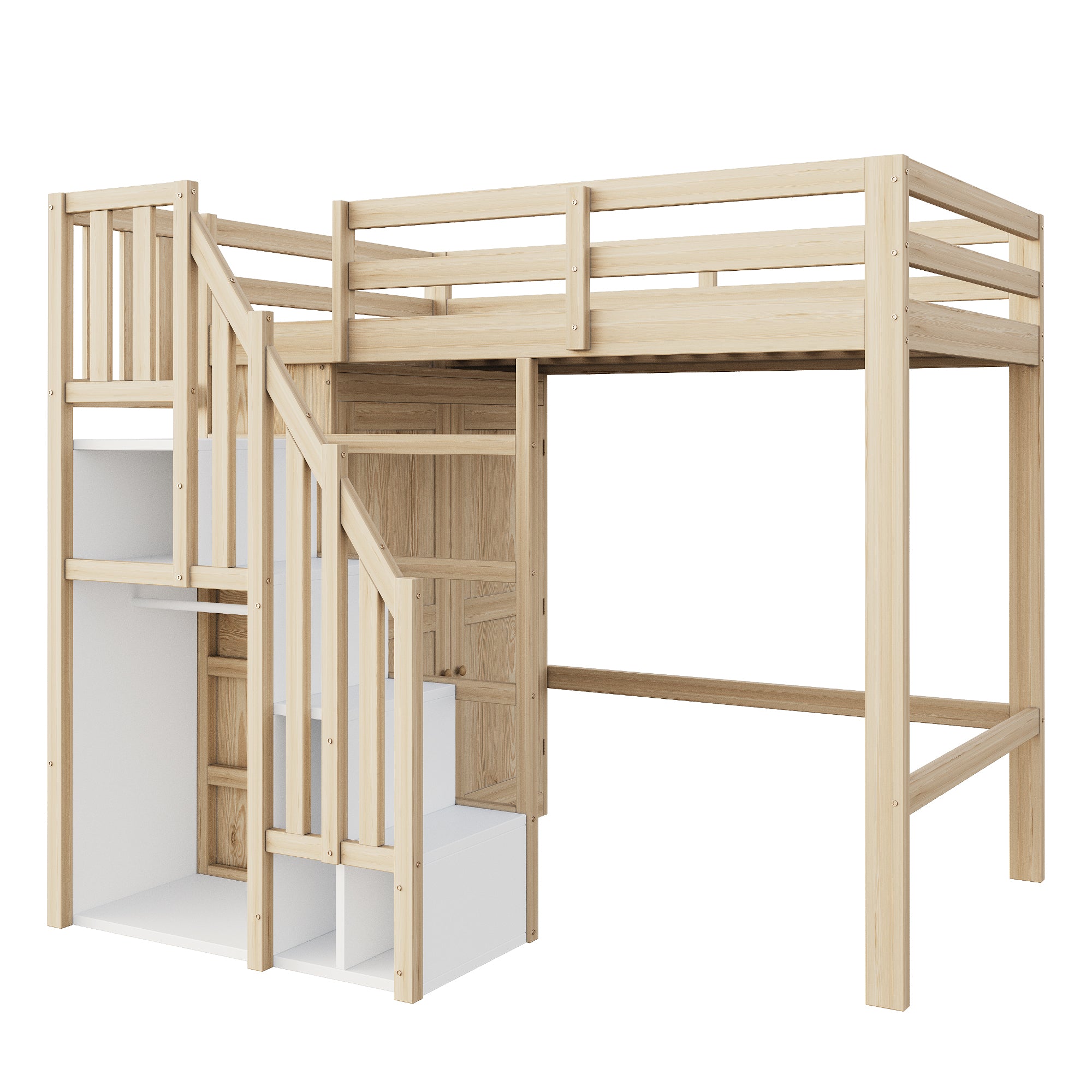 Loft Bed 90x200cm Storage Ladder Wardrobe Solid Wood - Natural Wood Color