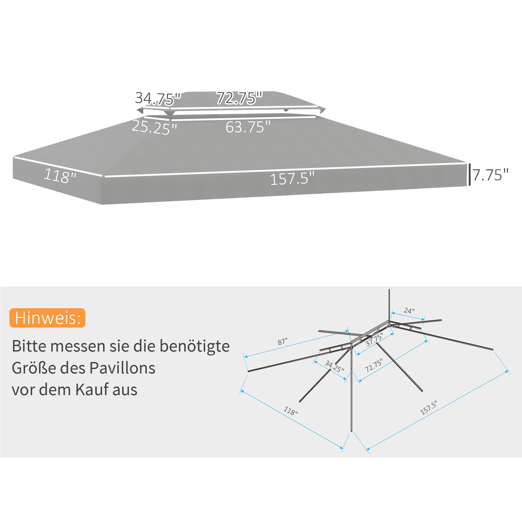 Replacement Roof for Garden Pavilion 3x4m Weatherproof Polyester, Light Grey