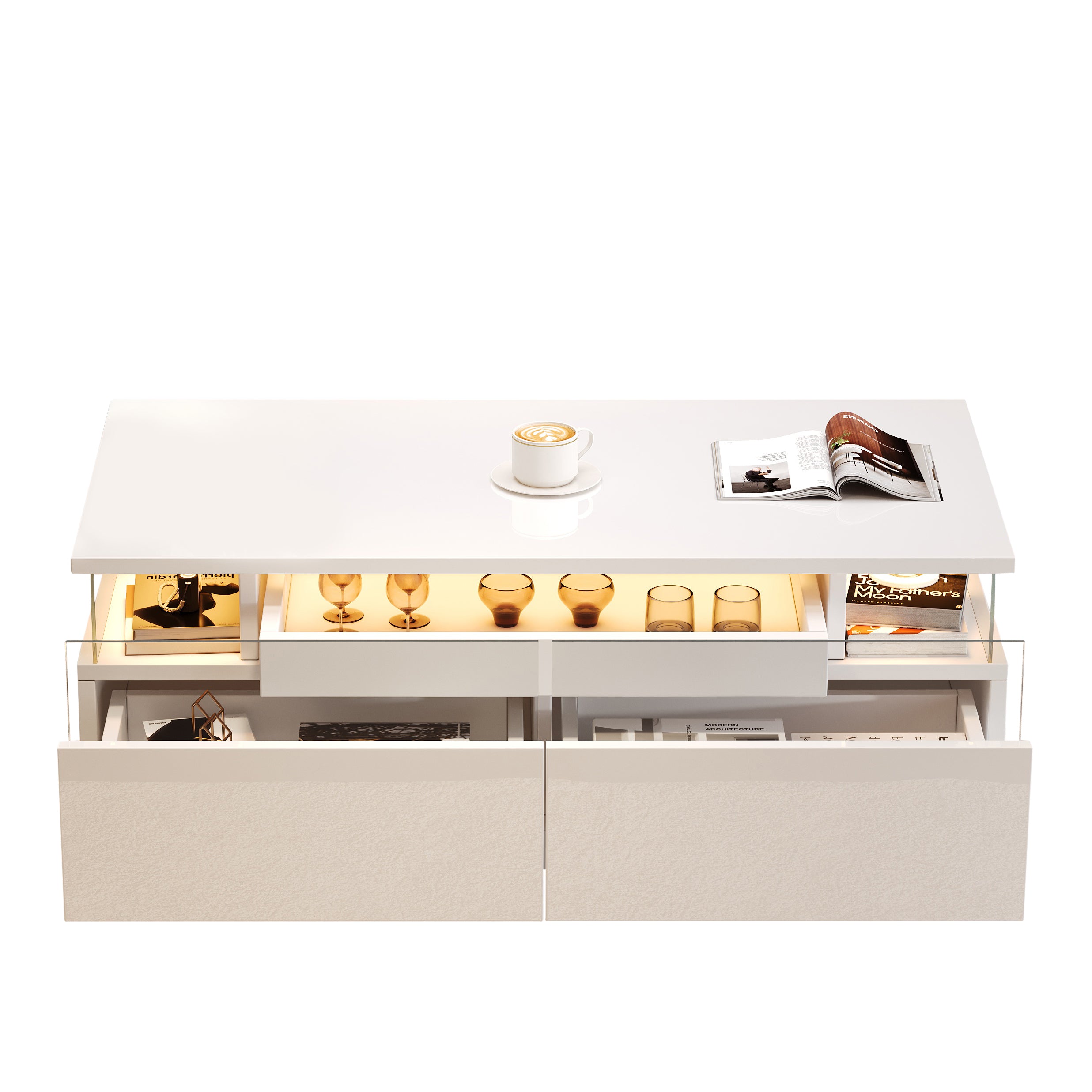 Coffee Table with Tray, 90 x 45 x 35.5 cm, 2 Drawers, Tempered Glass, LED Light, White