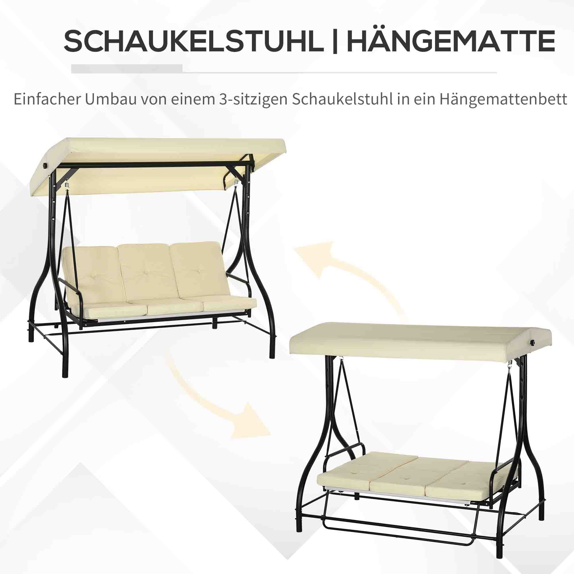 Porch Swing, 2-in-1 Reclining 3-Seater with Adjustable Sunroof, 240 kg, Beige