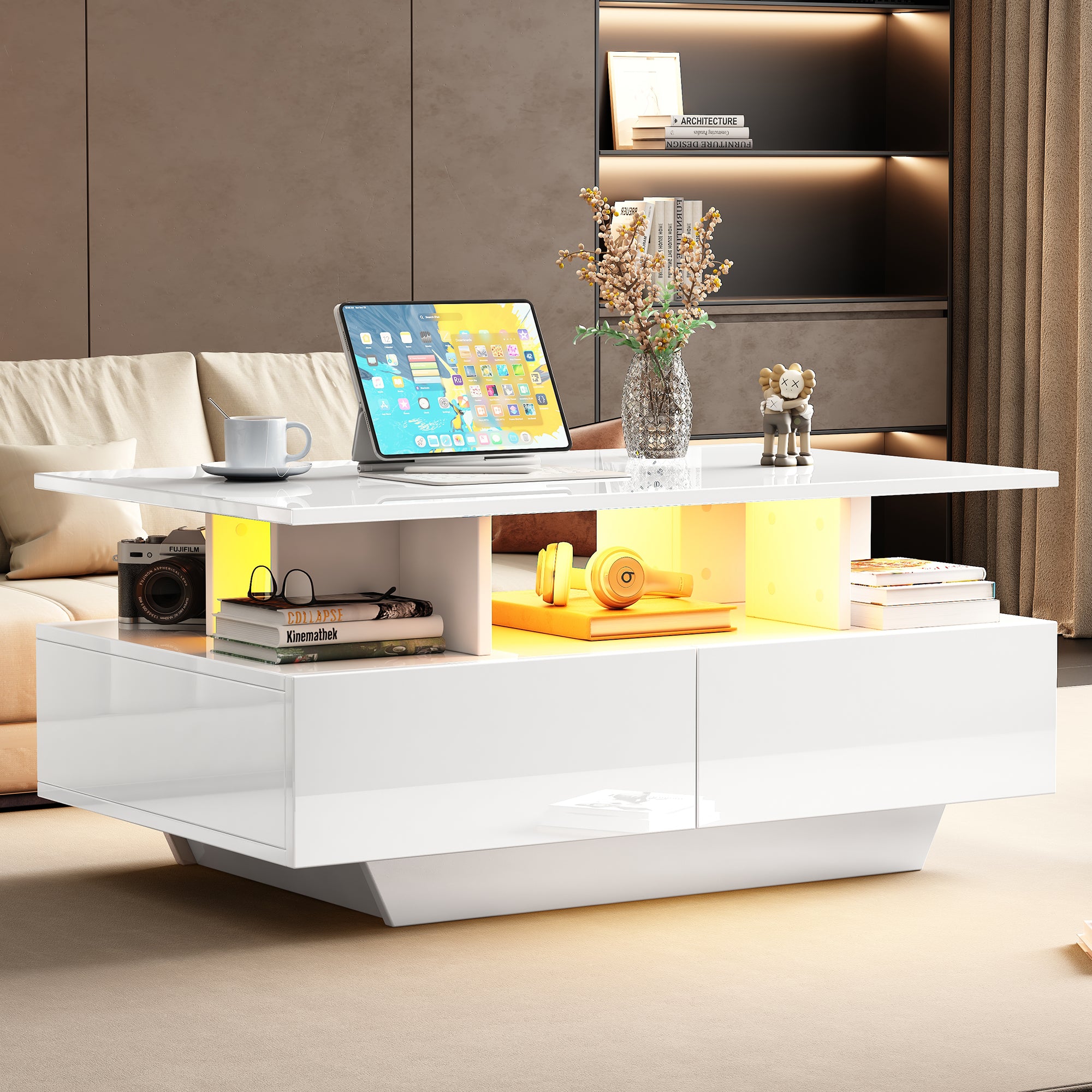 Modern high-gloss coffee table with LED lighting and 2 drawers 90x55x41 cm, 30 kg load capacity