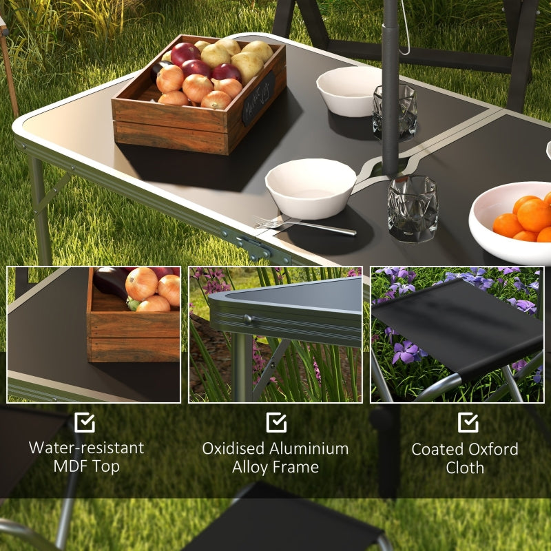 Four-Person Picnic Set Folding Table & 4 Seats 3cm Parasol Hole, Aluminium Black