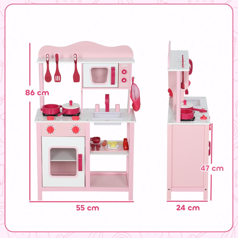 Children's Play Kitchen with Wooden Accessories and Sound Effects, Pink