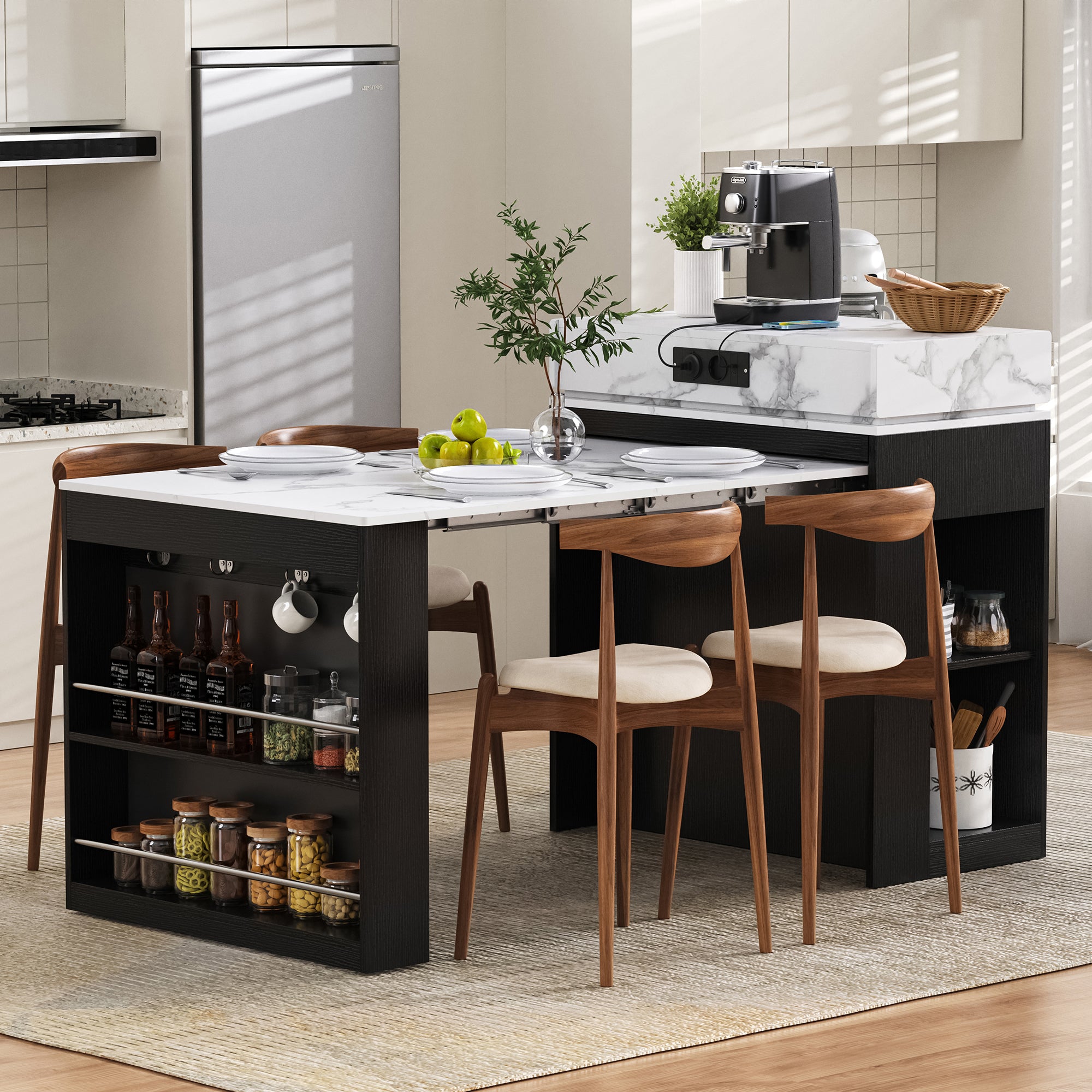 Kitchen Island Mobile Extendable Folding Table Power Strips - Black