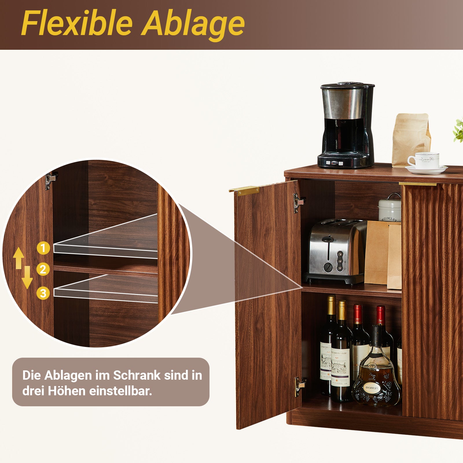 Modern Sideboard Recessed Panels Adjustable Shelves Waterproof Top 120x40x76cm - Brown