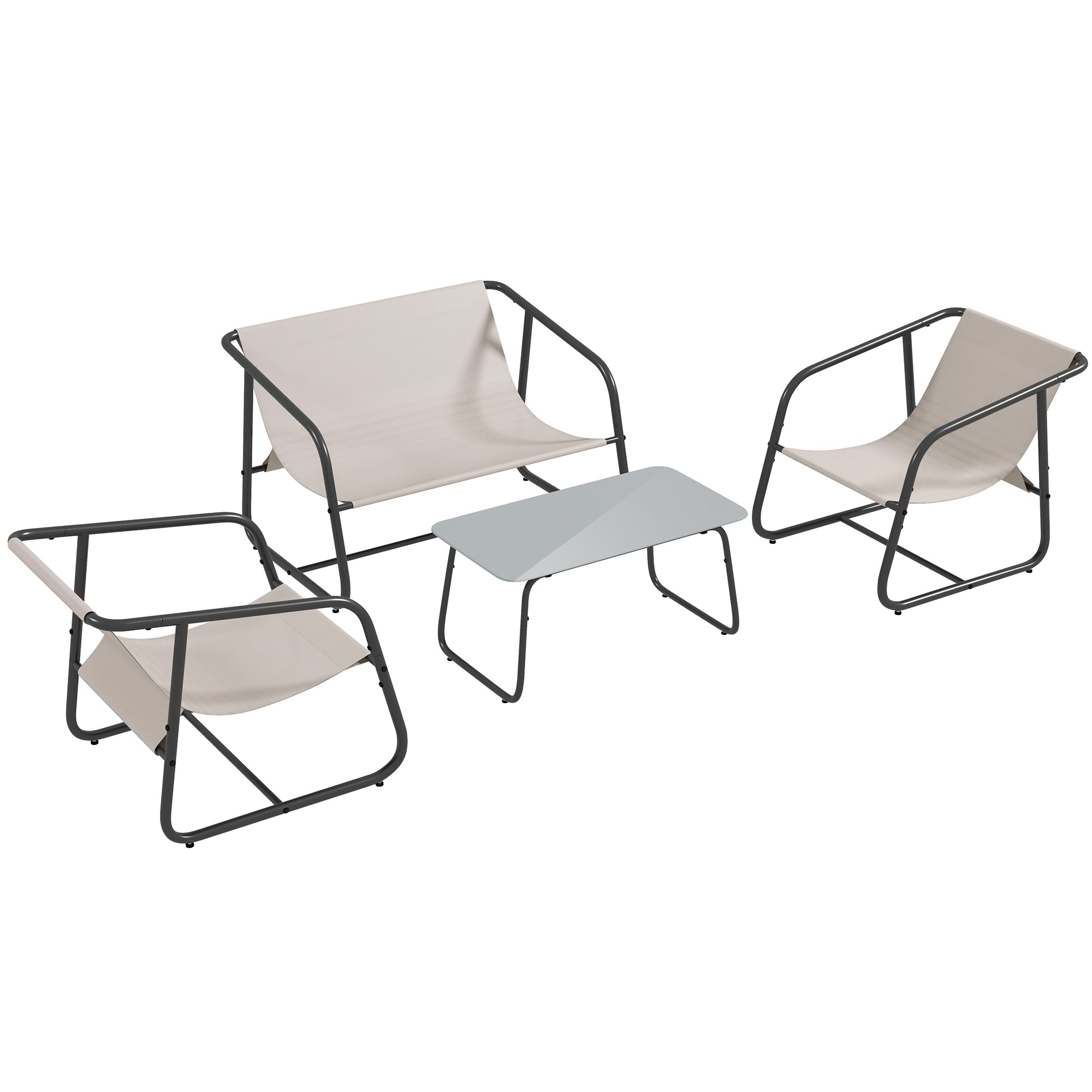 Garden Furniture Set 4-Piece, 2 Armchairs, 1 Two-Seater, Tempered Glass Coffee Table, Cream