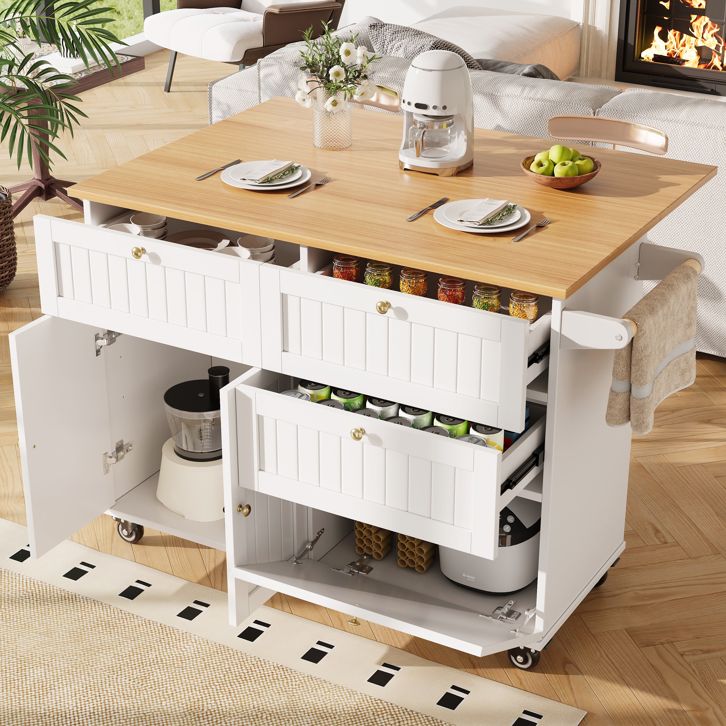 Modern Kitchen Island Extendable Dining Table Storage & Mobile - White