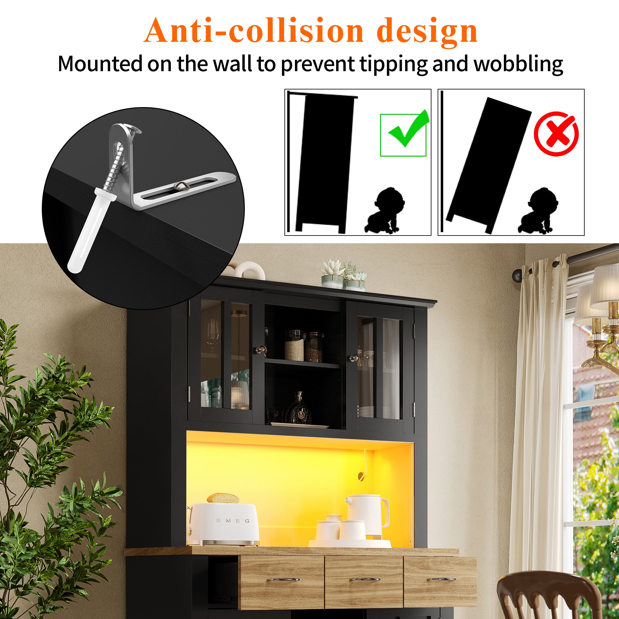 Kitchen Tall Cabinet 106cm Adjustable Shelves LED - Wood Drawers