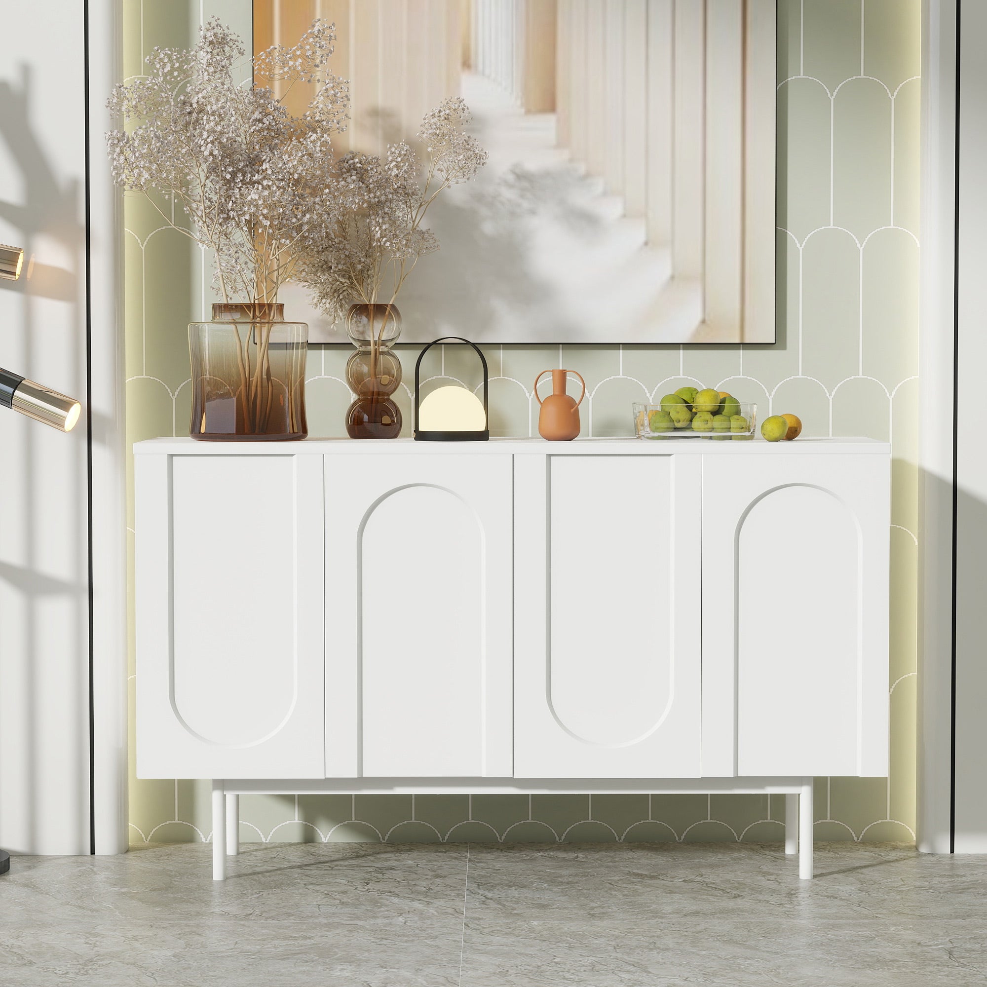 Sideboard, Minimalist Arched Pattern 4-Door, Pure White