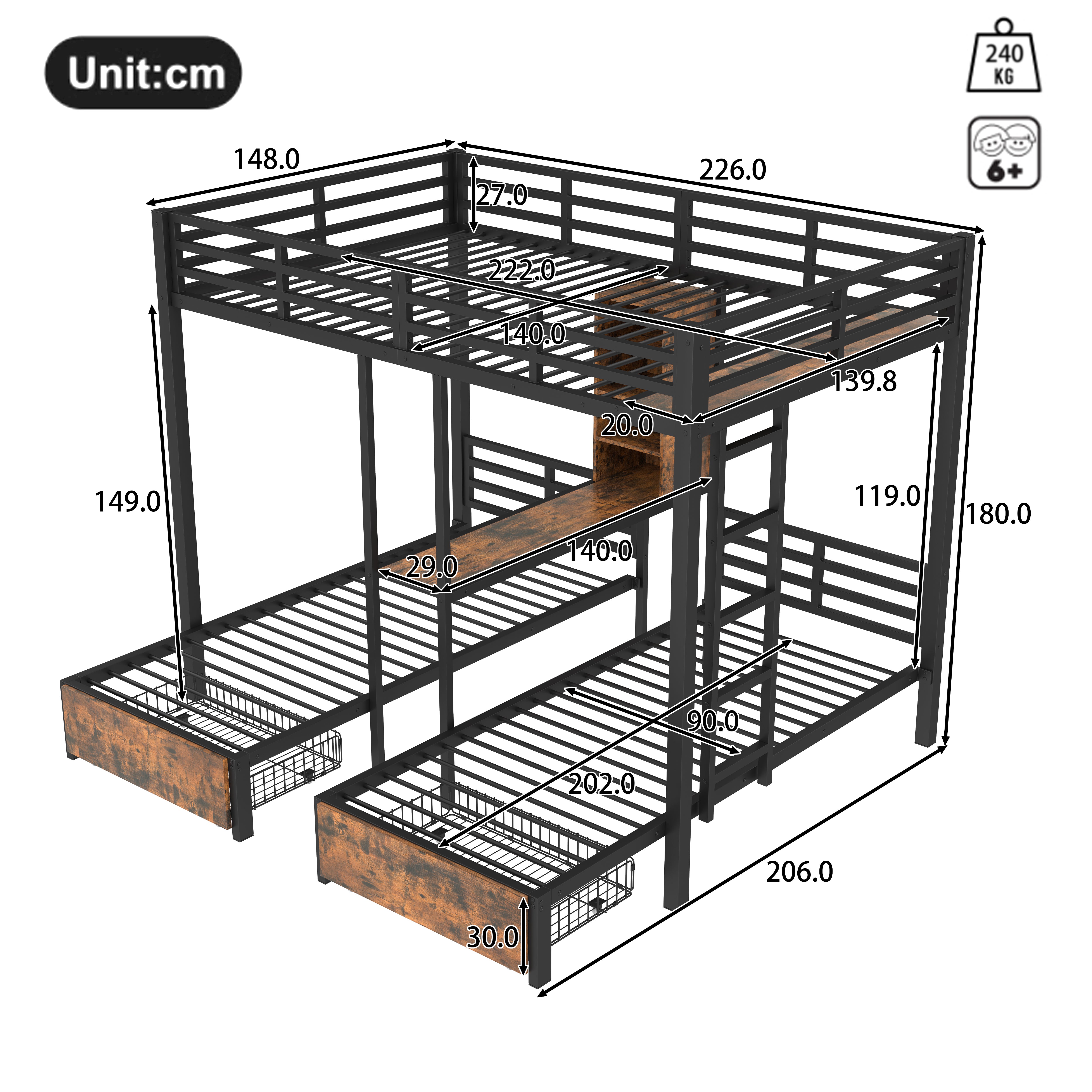 Bunk Bed 3 Beds 140x200 + 90x200 Storage Drawers Black