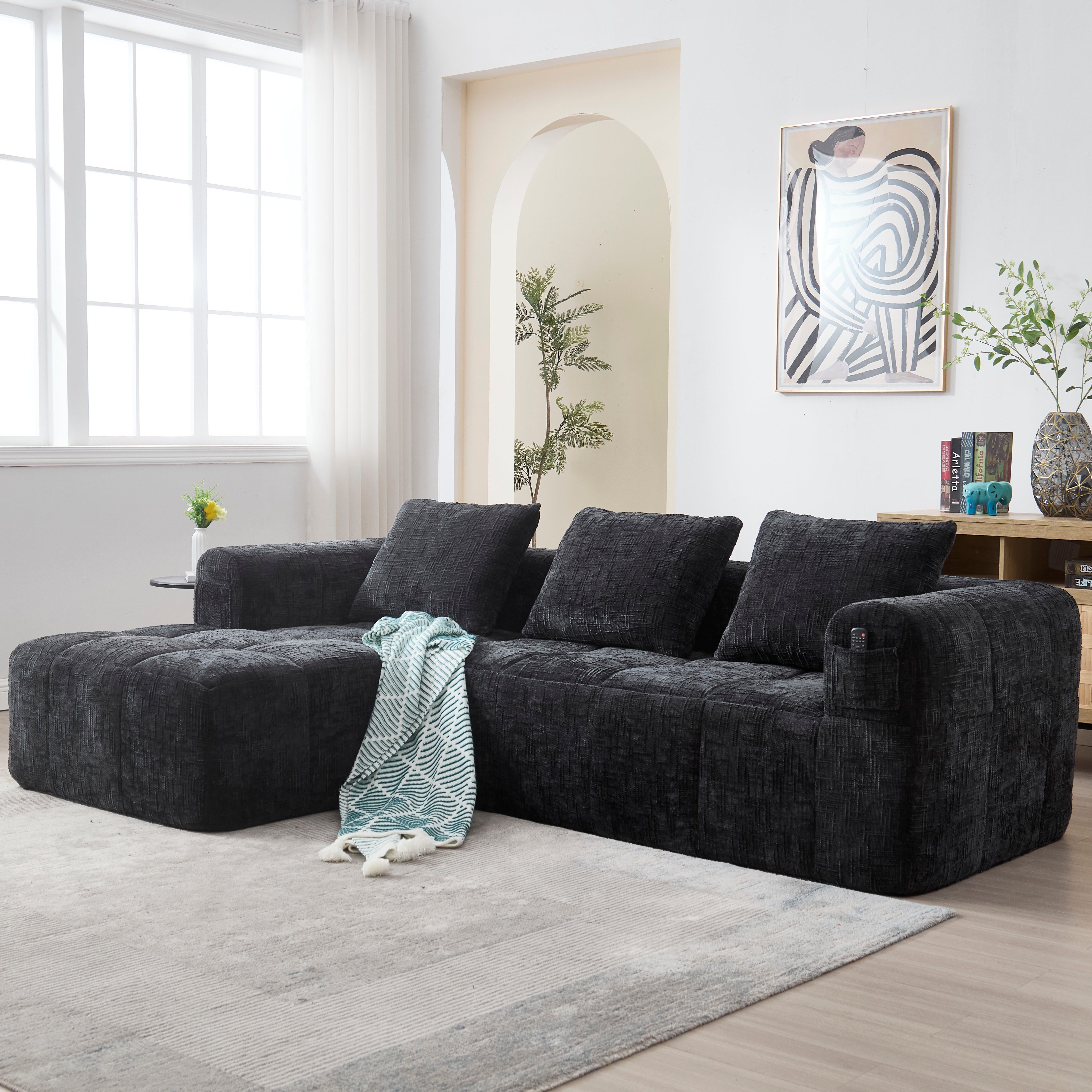 Modern Sectional Sofa L-Shaped 3-Seater Chaise Lounge, Chenille Black