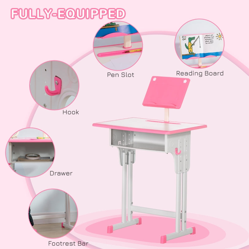 Kids Desk and Chair Set, Adjustable with Book Stand and Pen Slot - Pink