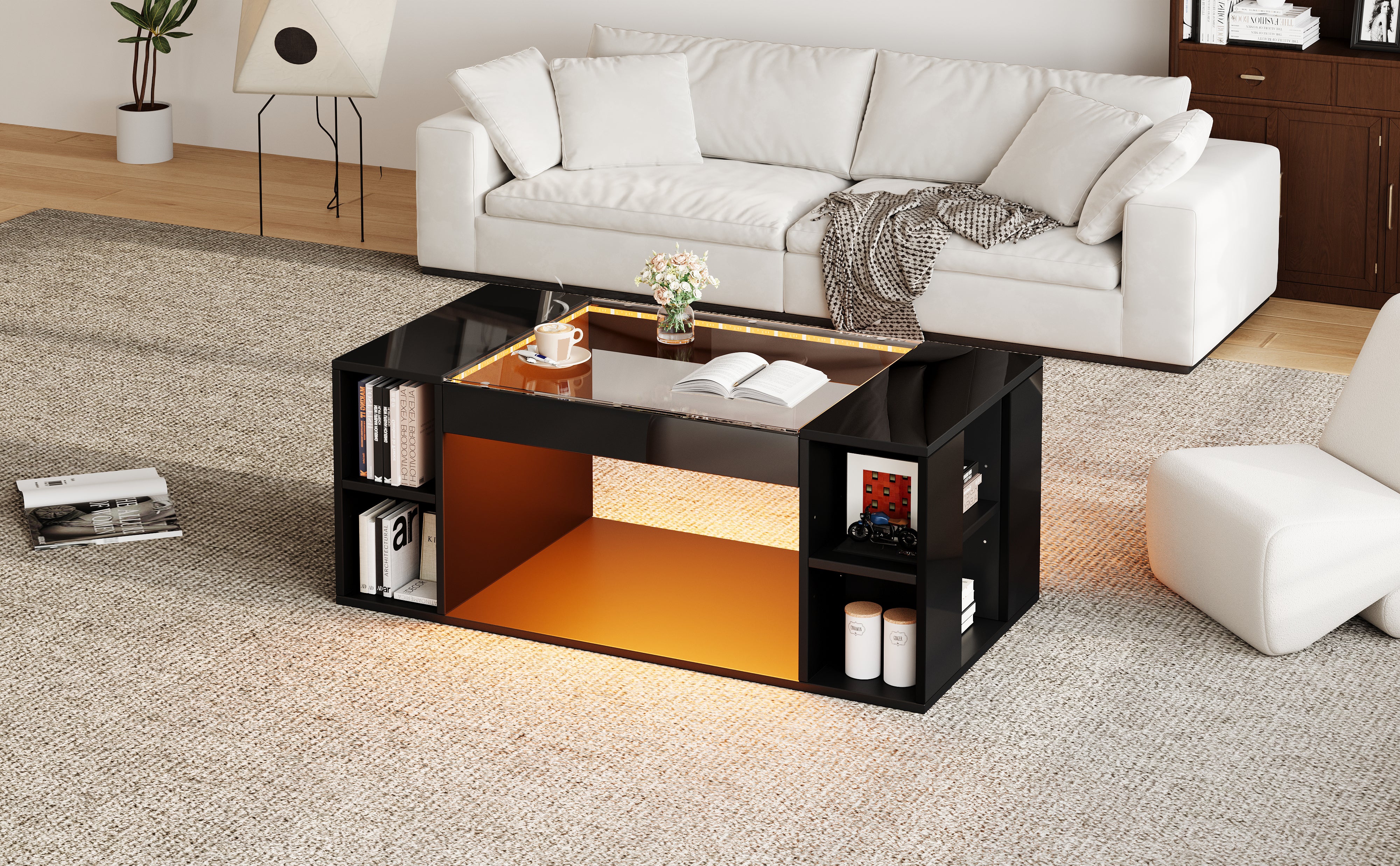 Coffee Table 100x50x40cm LED High-Gloss Tempered Glass Black