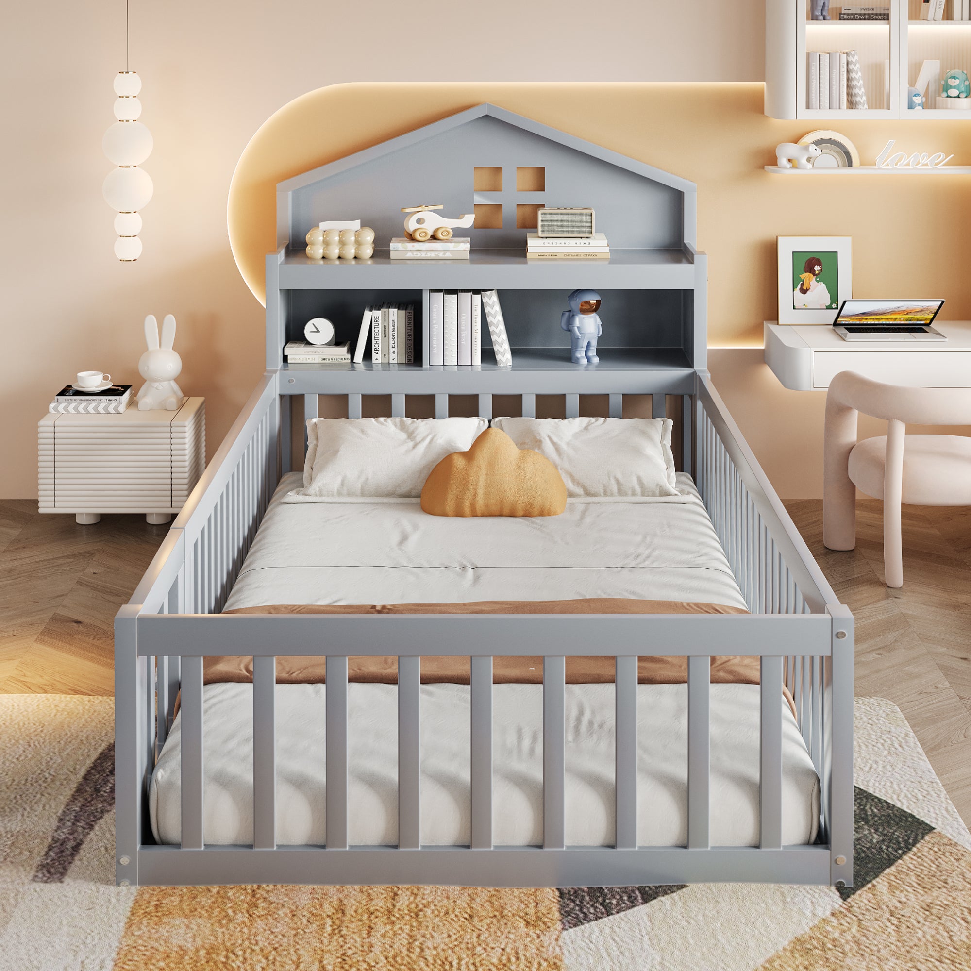 Children's Bed 90 x 200, Solid Wood Frame with Shelves, Storage, Safety Gate & Picture Rail, Grey