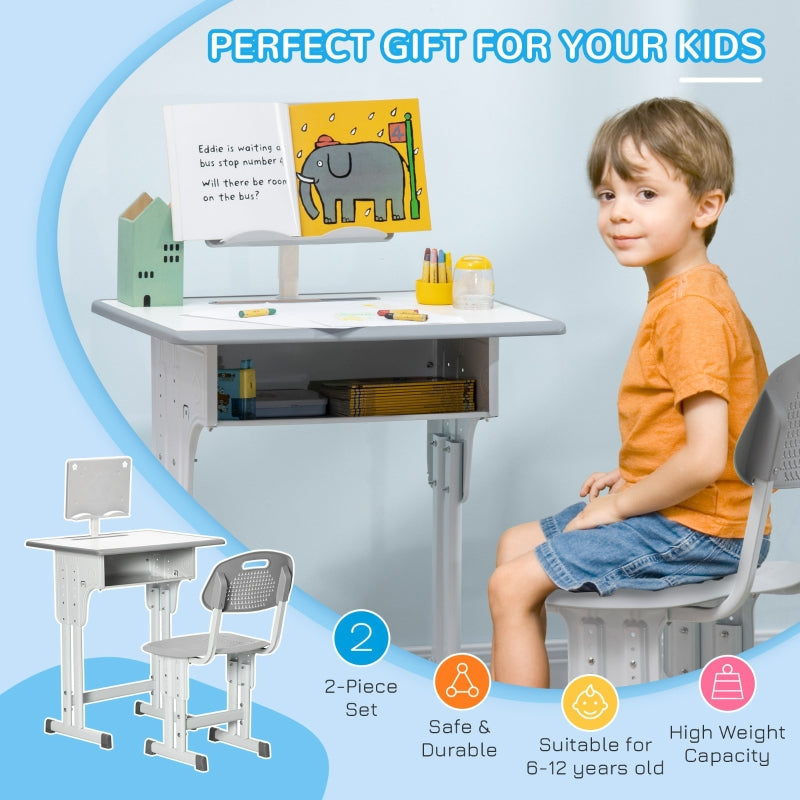 Kids Desk and Chair Set Adjustable with Book Stand, Pen Slot - Grey