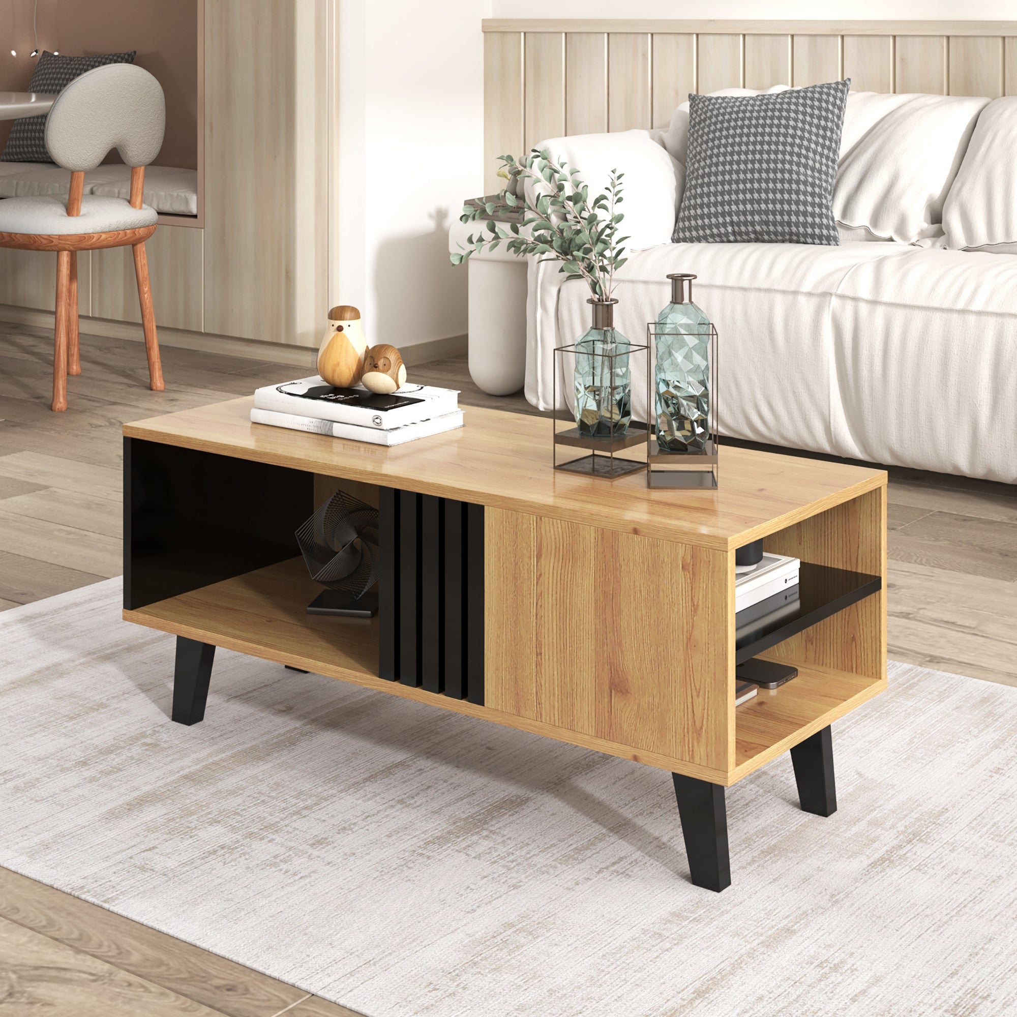 Coffee Table with Drawers and Side Storage, 100 x 60 x 45 cm, Black and Wood
