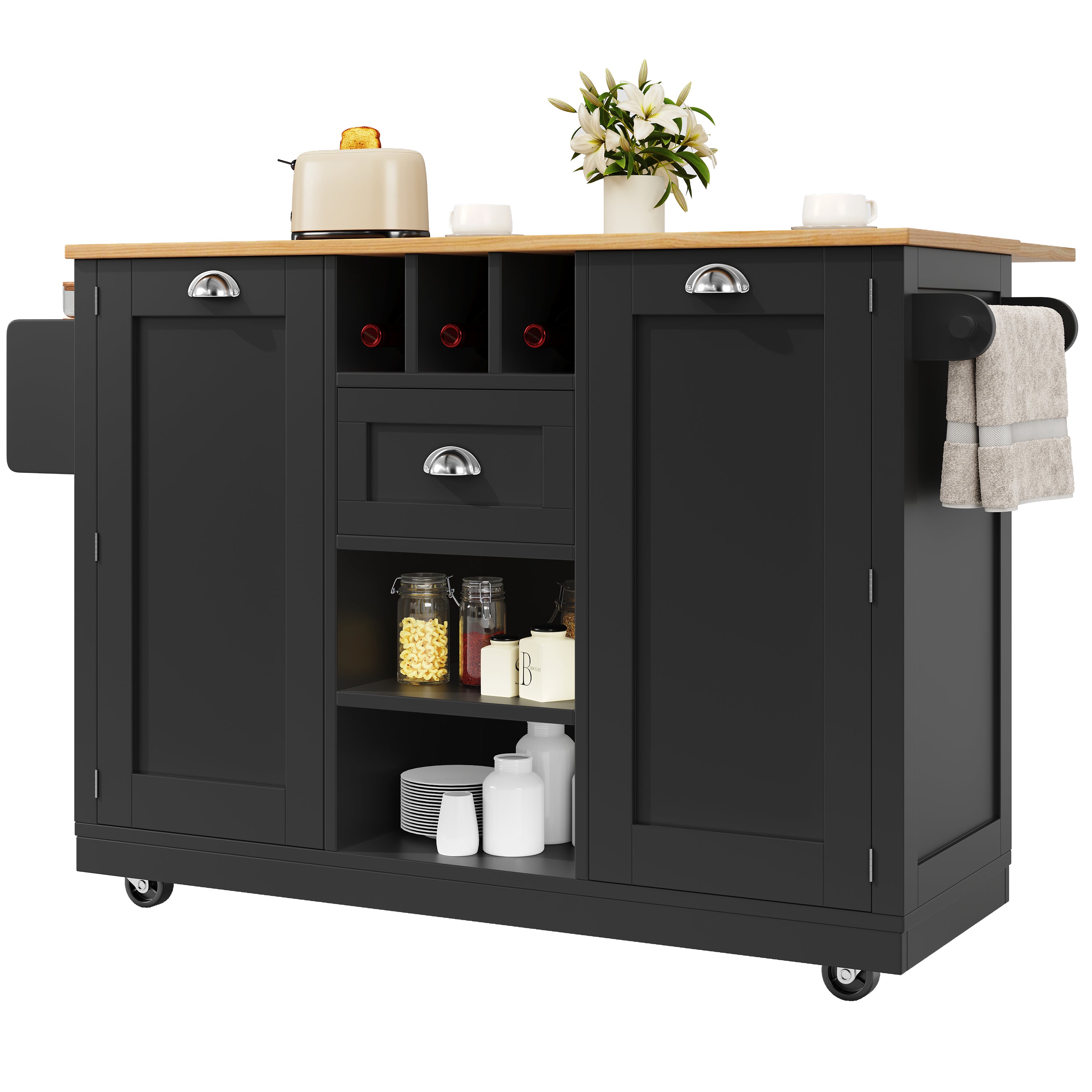 Kitchen Island Dining Trolley with Wine Rack and Casters, Black Wood Grain