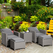 5 Pieces Outdoor Garden Furniture Set, Adjustable Reclining Chairs, Footstools, Cooler Bar Table, Cover, Grey PE Rattan