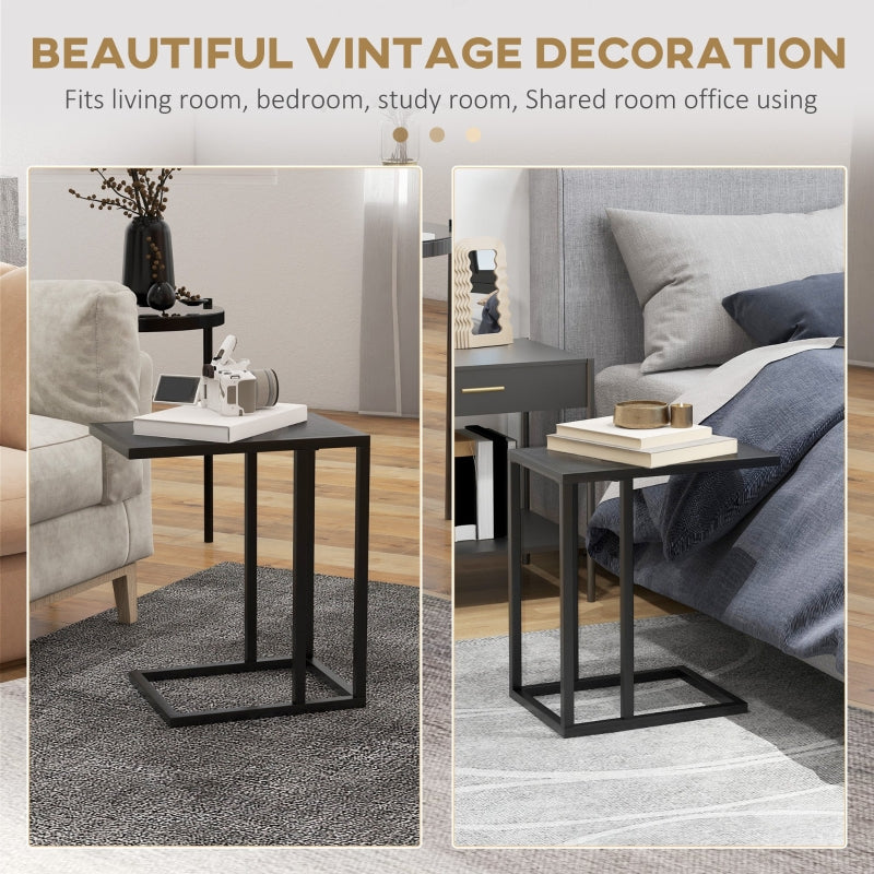 C Shape Bedside Table, Narrow Snack End Table Wood-Effect Top, Black