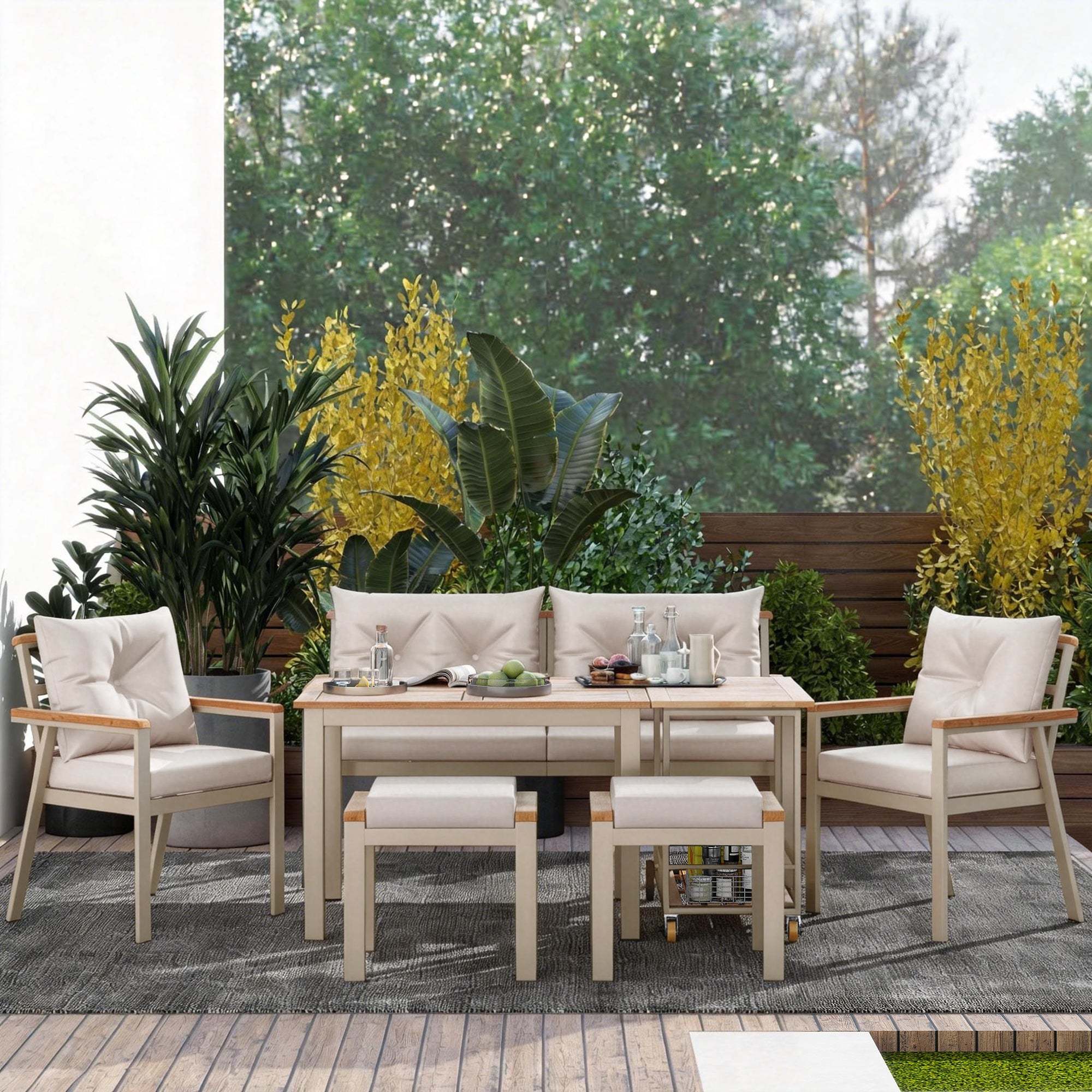 Garden Dining Table and Chair Set, 6-7 Seater with Armchairs and Removable Trolley, Acacia Wood