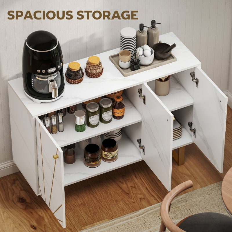 Sideboard Storage Cabinet Cupboard with Adjustable Shelves and Metal Legs, White Marble Tone