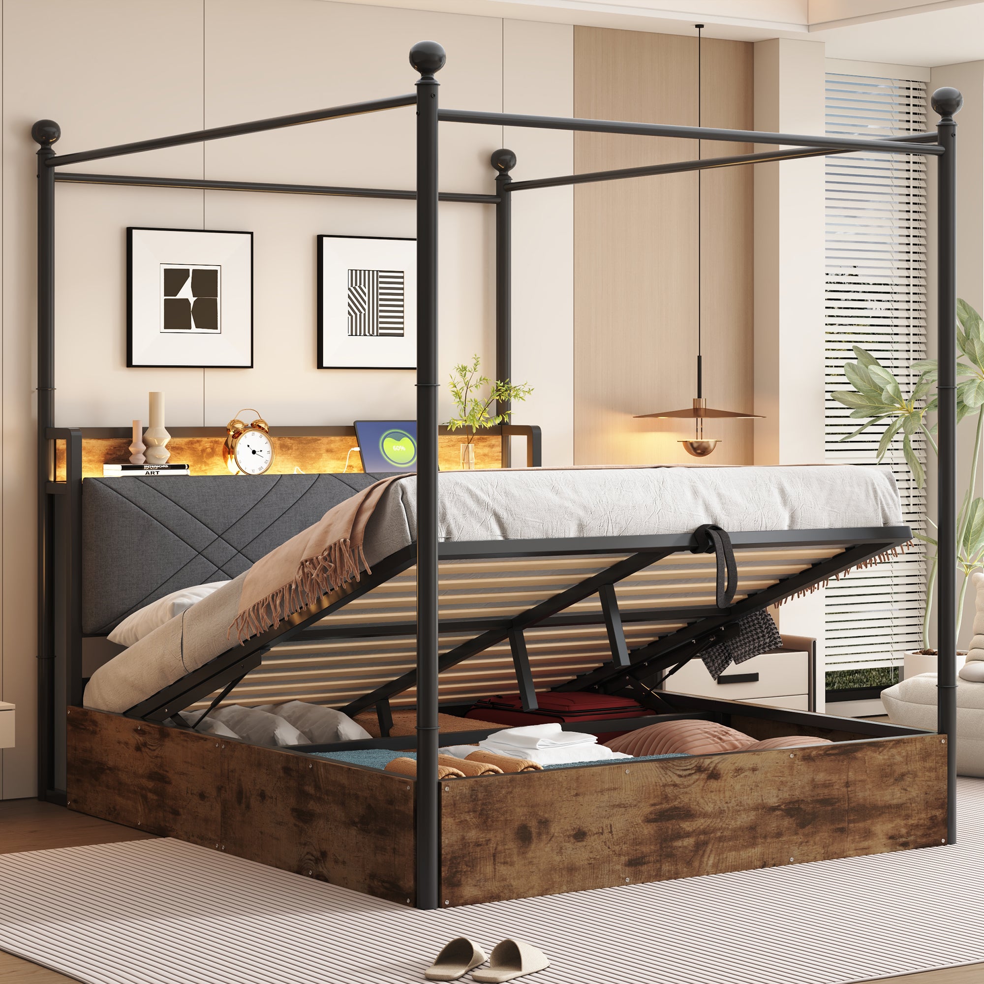Wrought Iron Double Bed, Hydraulic Storage Canopy LED USB, Black