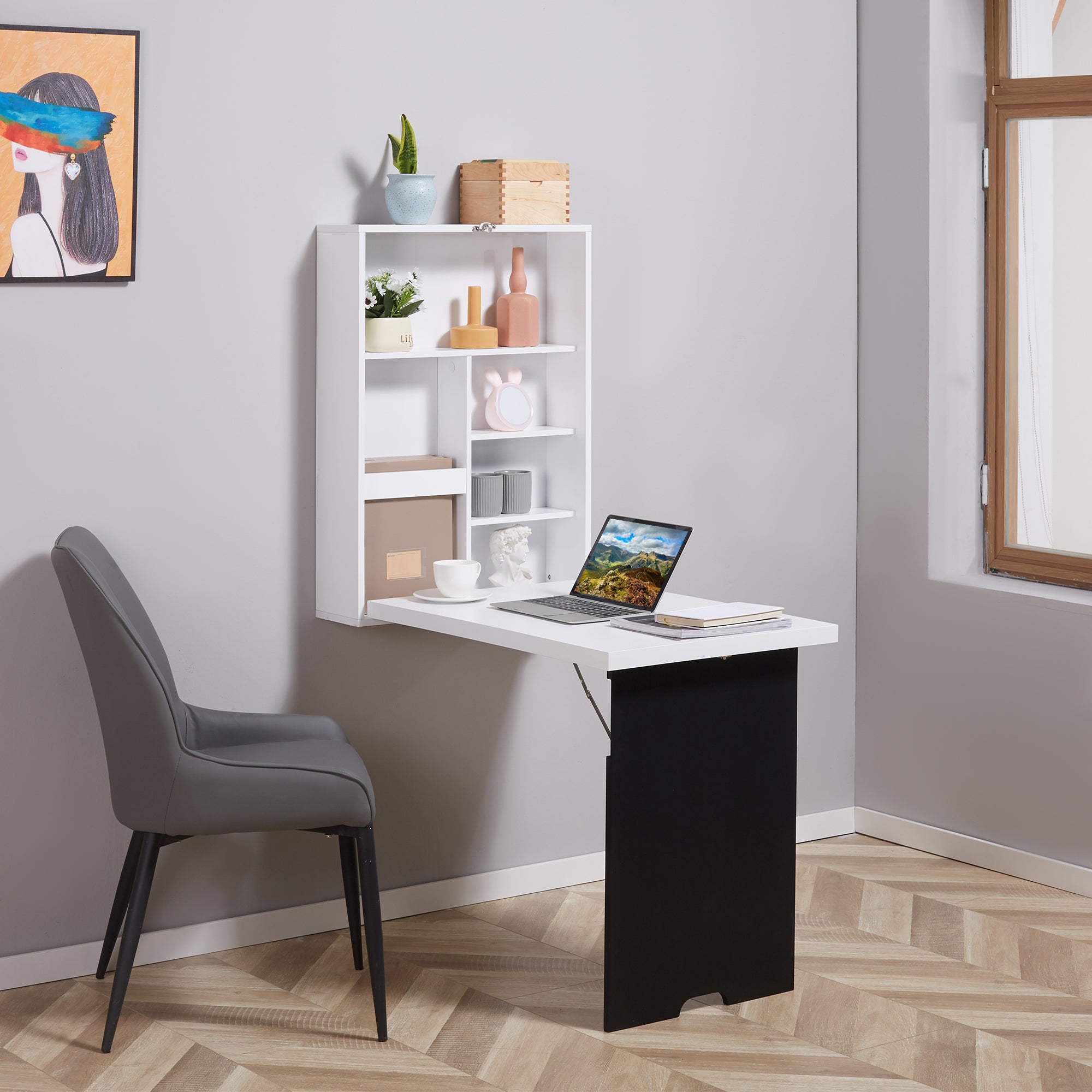 Folding Wall-Mounted Drop-Leaf Table Convertible Chalkboard Storage Floating Desk White