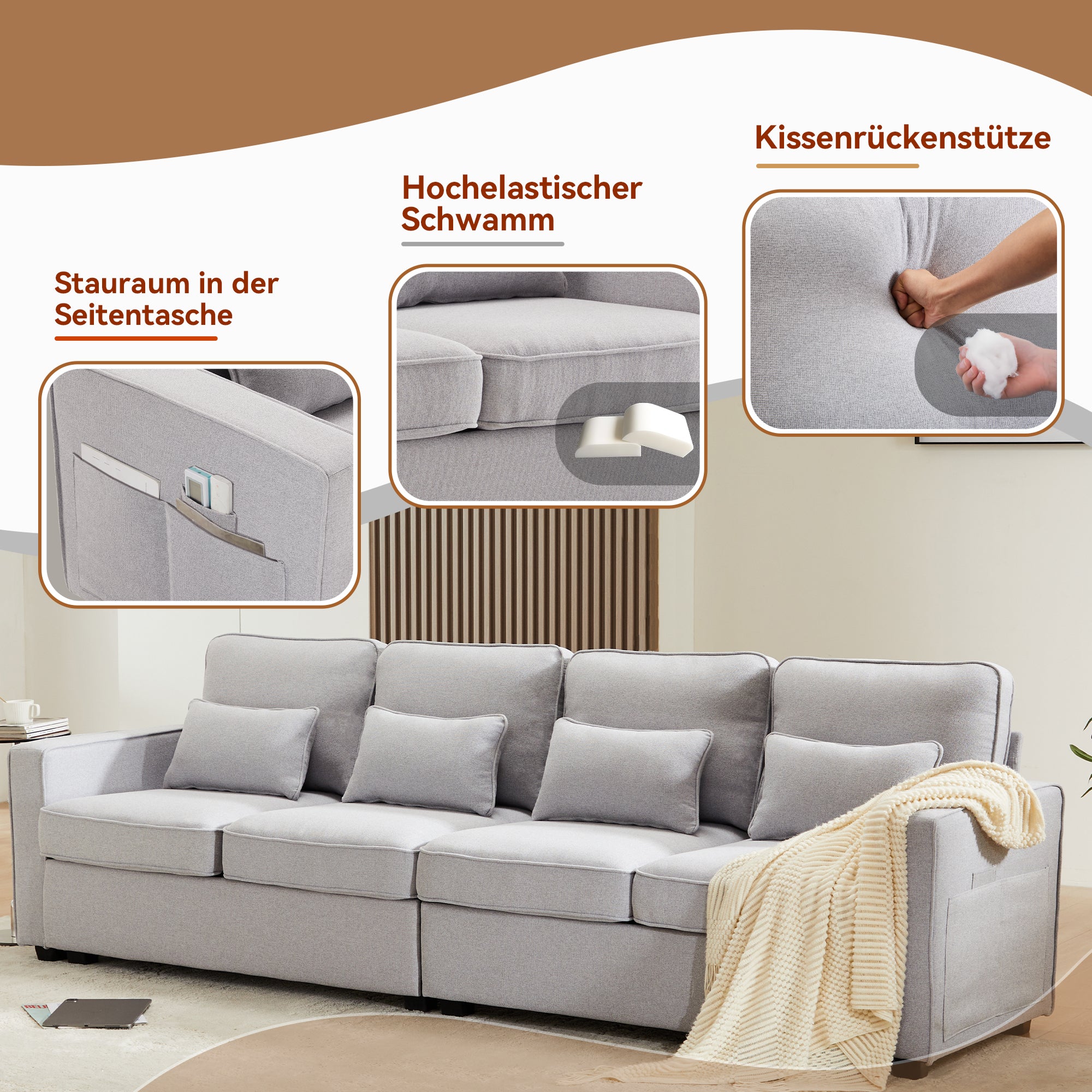 Sofa, 4-Seater with Armrest Pockets & 4 Pillows, Linen Fabric