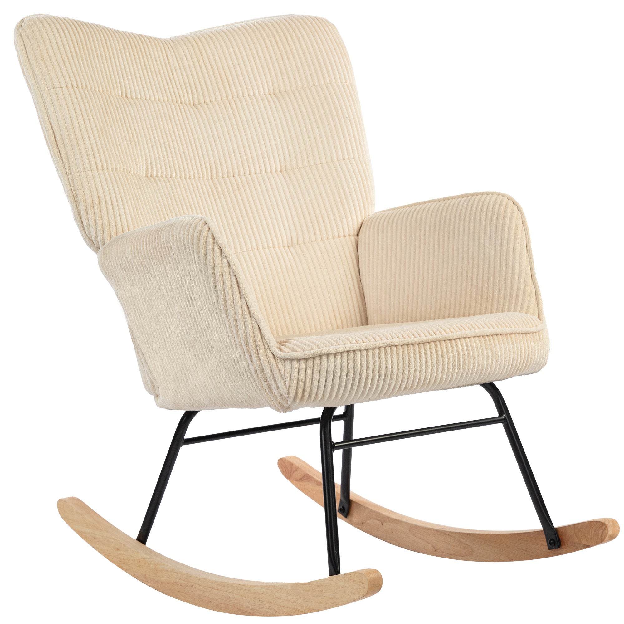 Rocking Chair, Armrests Recliner with Wooden Base, Corduroy Beige